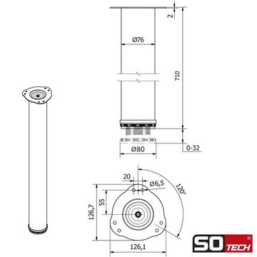 SO-TECH® Tischbein Ø 76 / 80 mm, belastbar bis 75 kg pro Stück, H: 71cm, Stahl, schwarz, höhenverstellbar bis 32mm, 1x