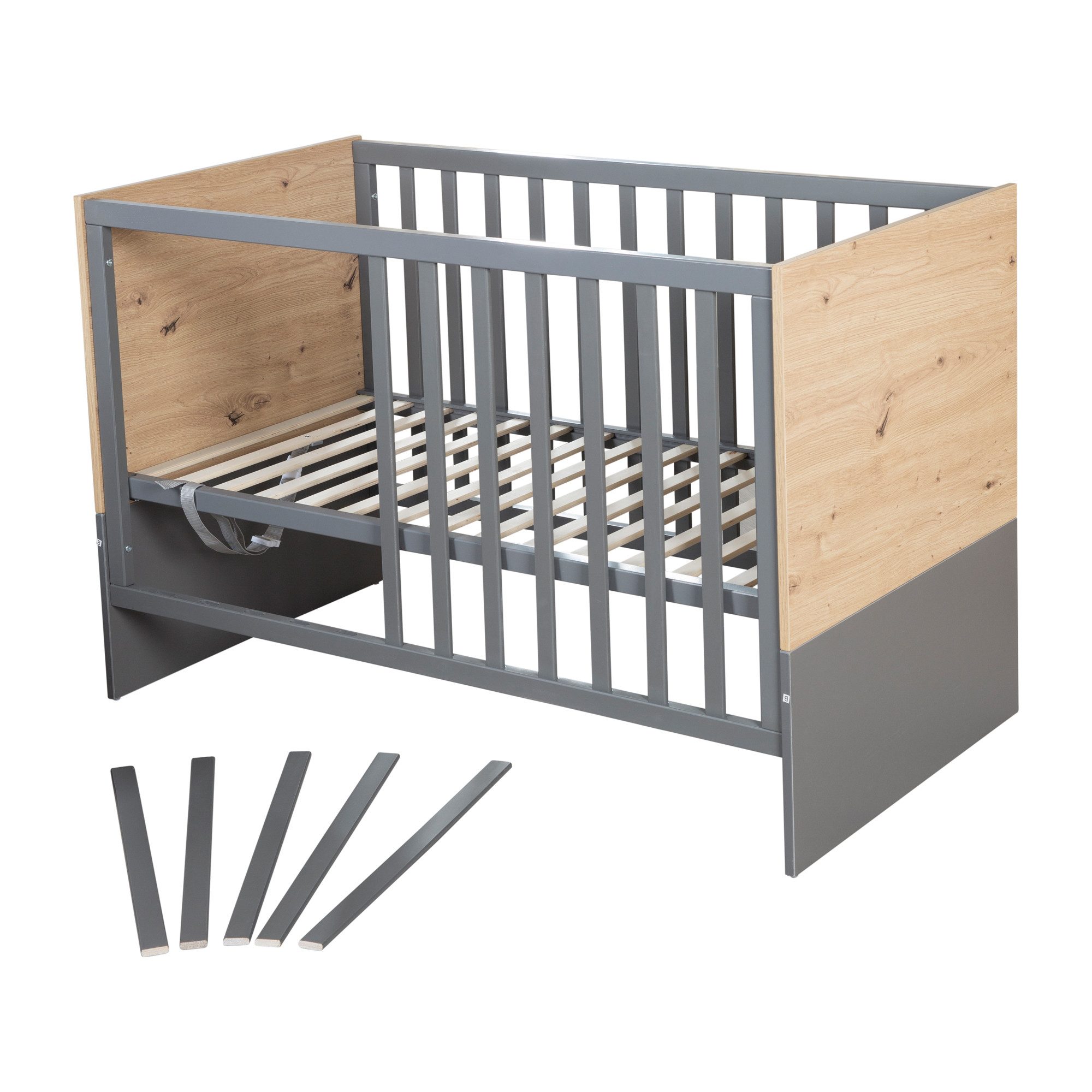 roba® Beistellbett Anna - aus Holz - in Anthrazit mit Dekor Kent Eiche - moderne Optik, 2-in-1 Babybett & Beistellbett 60 x 120 cm, höhenverstellbar