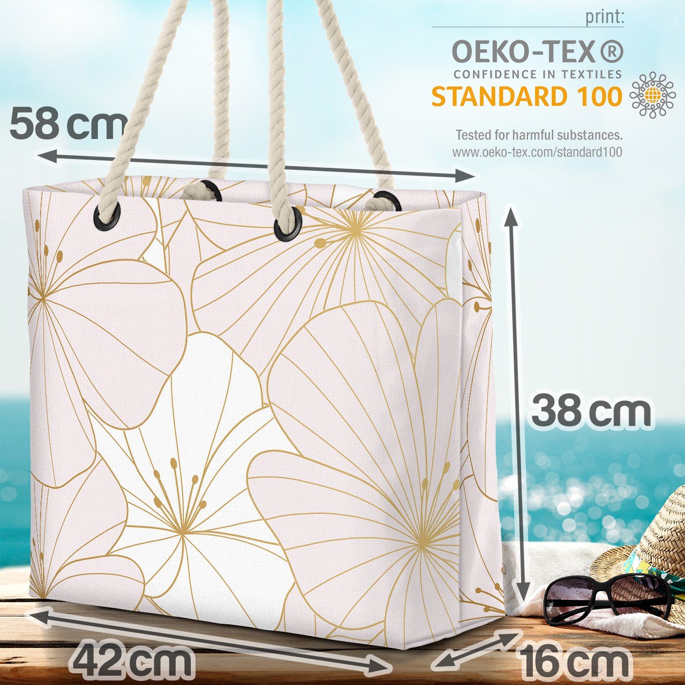 gold (1-tlg), geblümt blumenmuste blumen Blumen weiss Strandtasche VOID blüten Wildblumen Grafik