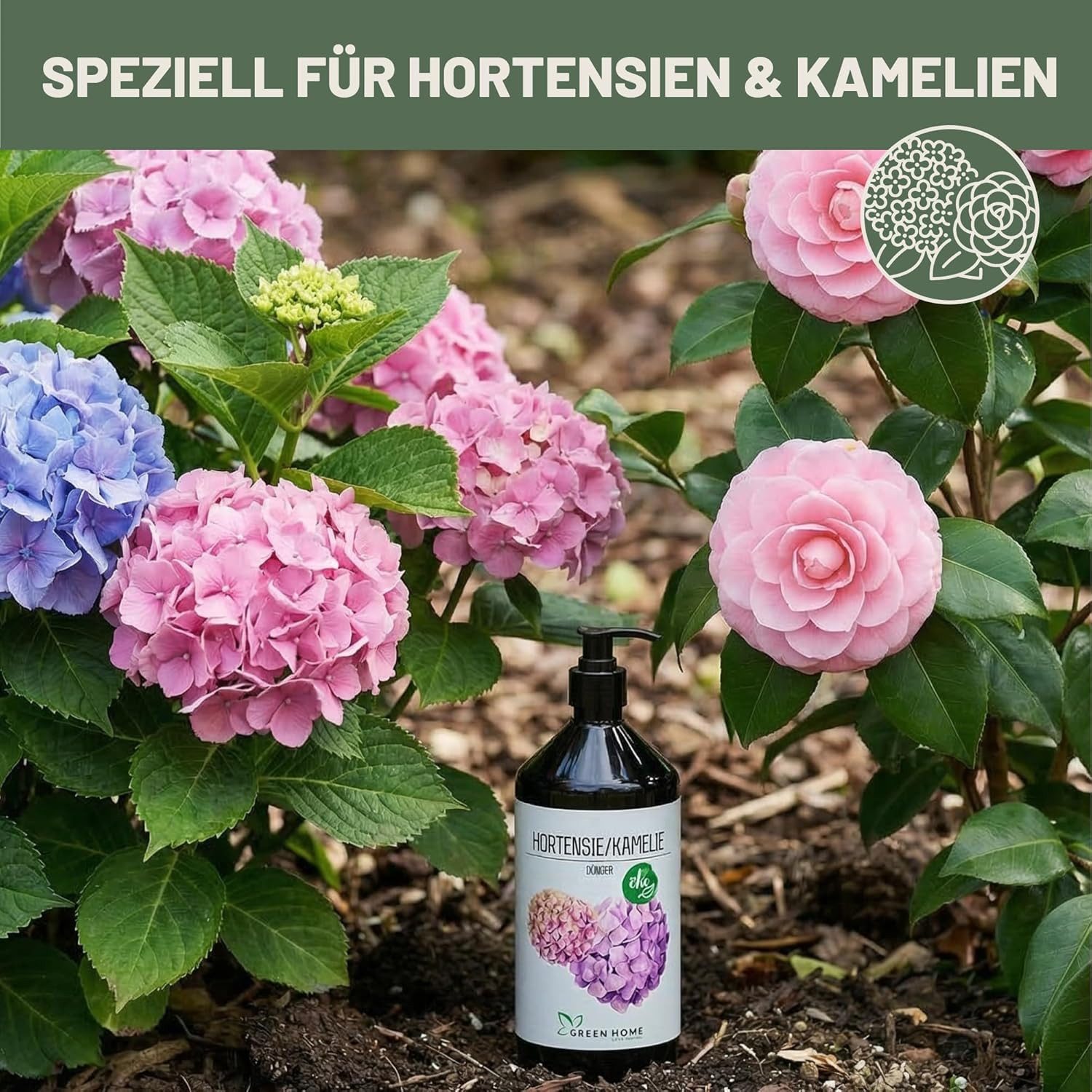 GREEN HOME LOVE NATURE Blumendünger Flüssigdünger NPK 5+5+7 für Hortensien, Kamelien & Moorbeetpflanzen, Hortensie & Kamelie, NPK 5+5+7, Spurennährstoffe, chelatiert, Dosierpumpe
