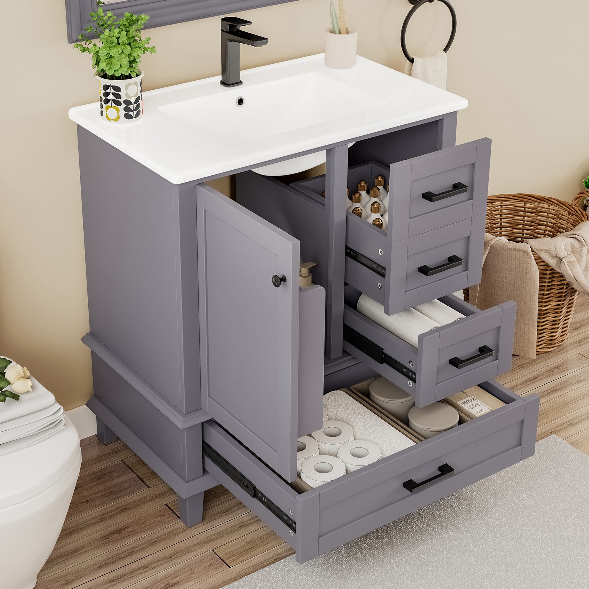 Gdood Waschbeckenschrank Badezimmerschrank Bodenstehender Mit Keramikbecken (60 x 46 x 84.8 cm) Mit Waschtisch,verstellbare Regale, integriertes Keramikwaschbecken