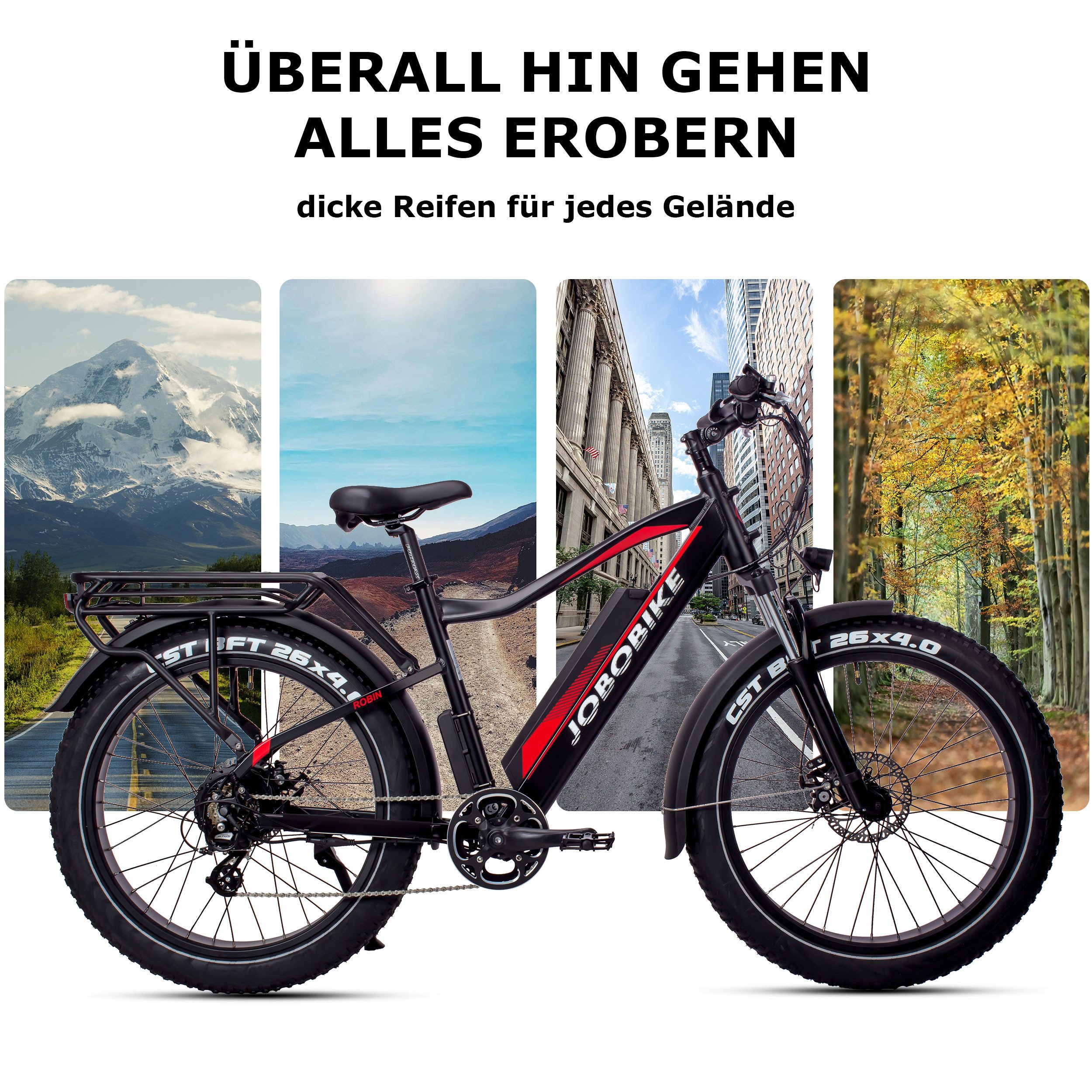JOBOBIKE E-Bike Mountainbike 26x4 Zoll, 130km, Elektrofahrrad, Robin 624Wh, für Damen und Herren, 7 Gang Shimano, Kettenschaltung, Heckmotor, 624 Wh, (Herausnehmbarer Akku, Scheibenbremsen, bis 150kg), Fat Tire, mit 5 Stufen, Elektrofahrrad für Erwachsene und Jugendliche