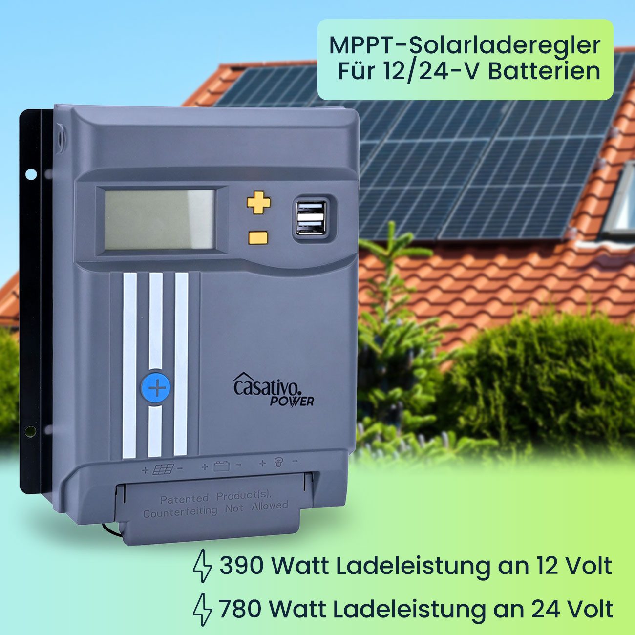 Casativo Solarladeregler MPPT Solar-Laderegler 30A für 12V/24V Solarladegerät LCD-Display, Schonendes Laden, konstanter Ladestrom, 2 USB-Ports, bis 90 % LF