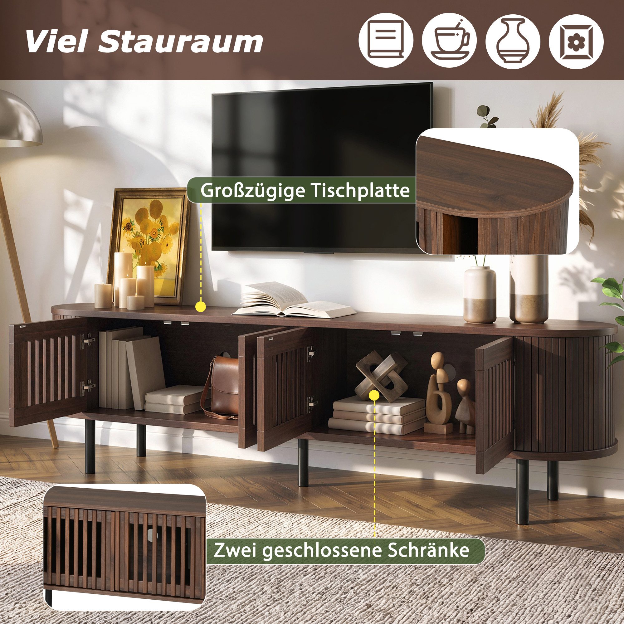 Celya TV-Schrank TV Lowboard für Fernseher bis zu 75 Zoll, mit 4 Flügeltüren (178x39.5x49.5cm, durchbrochenem Design, Gebogenes Rolltor)