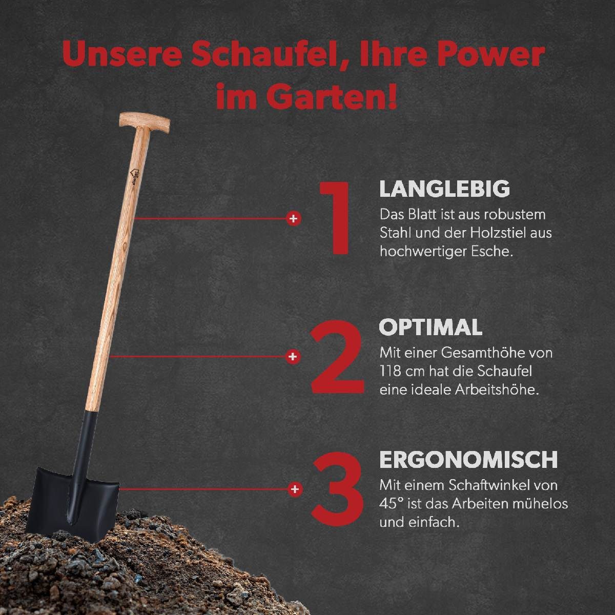 siwitec Spatengabel Schaufel mit Eschestiel Gartenschaufel SG-330 Stahl 118cm Bauschaufel, (Set, Gartengerät in gewählter Ausführung)