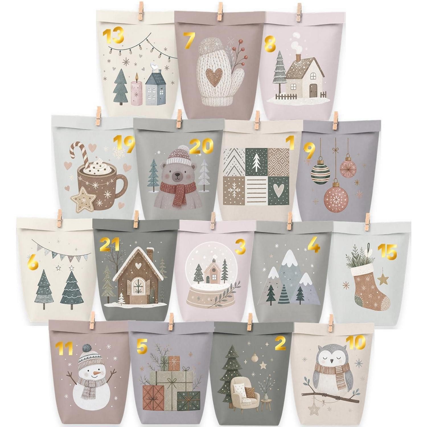 LuxusKollektion DIY-Adventskalender Adventskalender zum Befüllen, 24 Papier-Tüten, Pastell-Mix