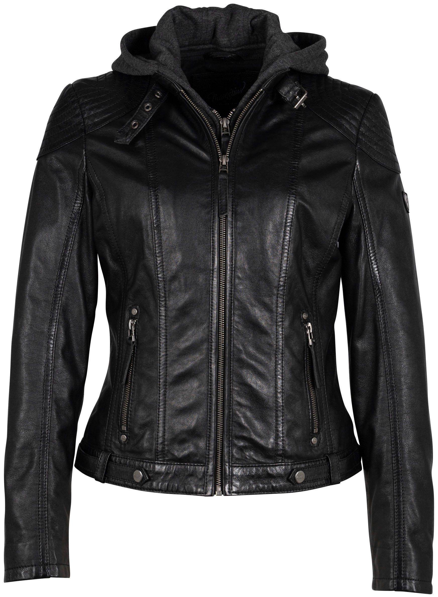 Mauritius Lederjacke Cacey LEGV mti Kapuze, Reißverschluss, Ziersteppung