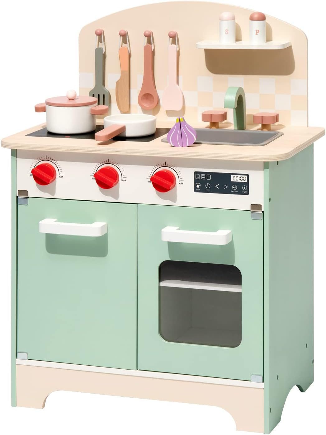 Vivitar Spielküche aus Holz mit Herd, Backofen, Kühlschrank, Mikrowelle & Spüle, kreatives Rollenspiel-Kochset für Kinder, Lernspielzeug