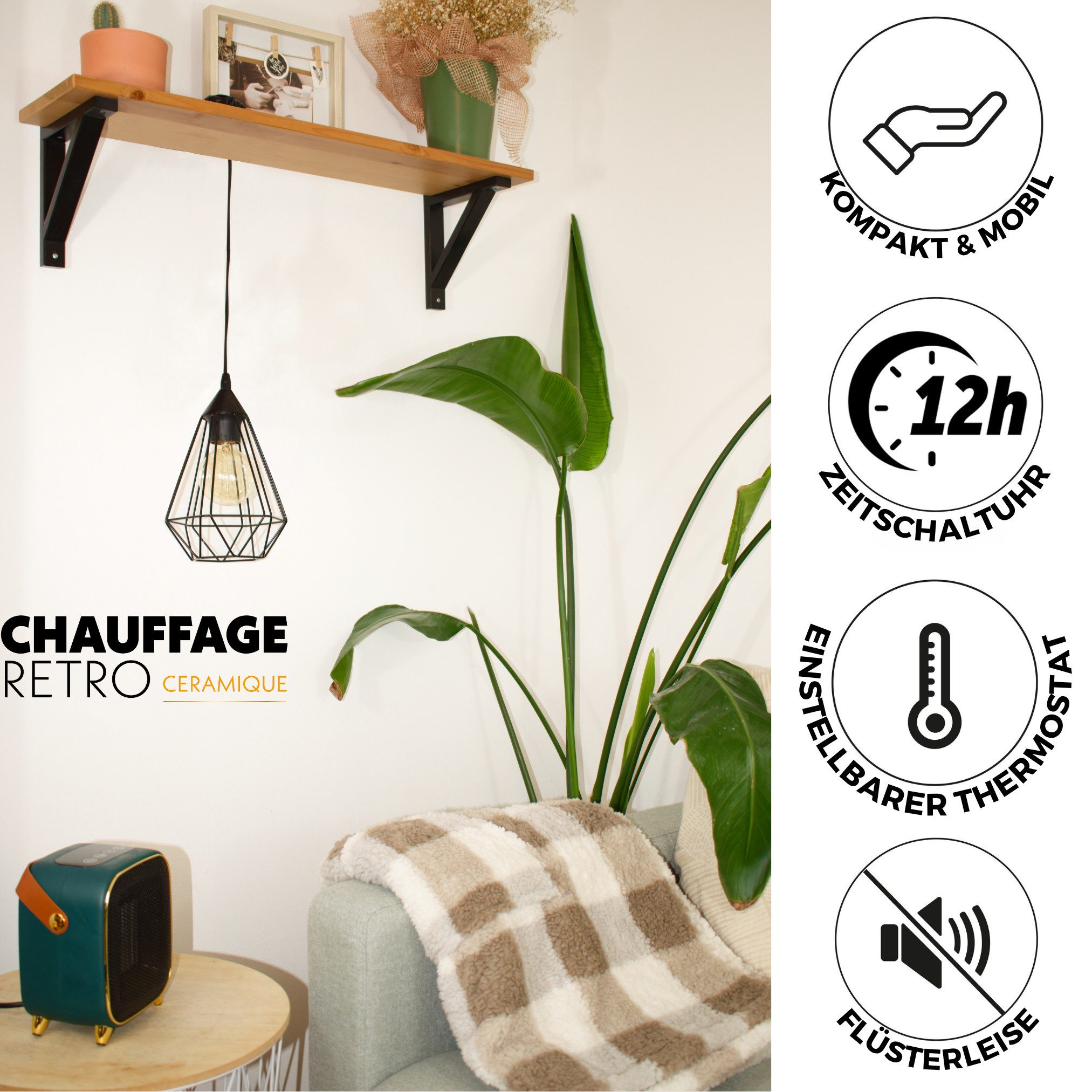 Venteo Heizlüfter Chauffage Retro Heater, 1000 W, kleiner Heizstrahler, Retro Mini Heizung, Timer, Ventilator Modus
