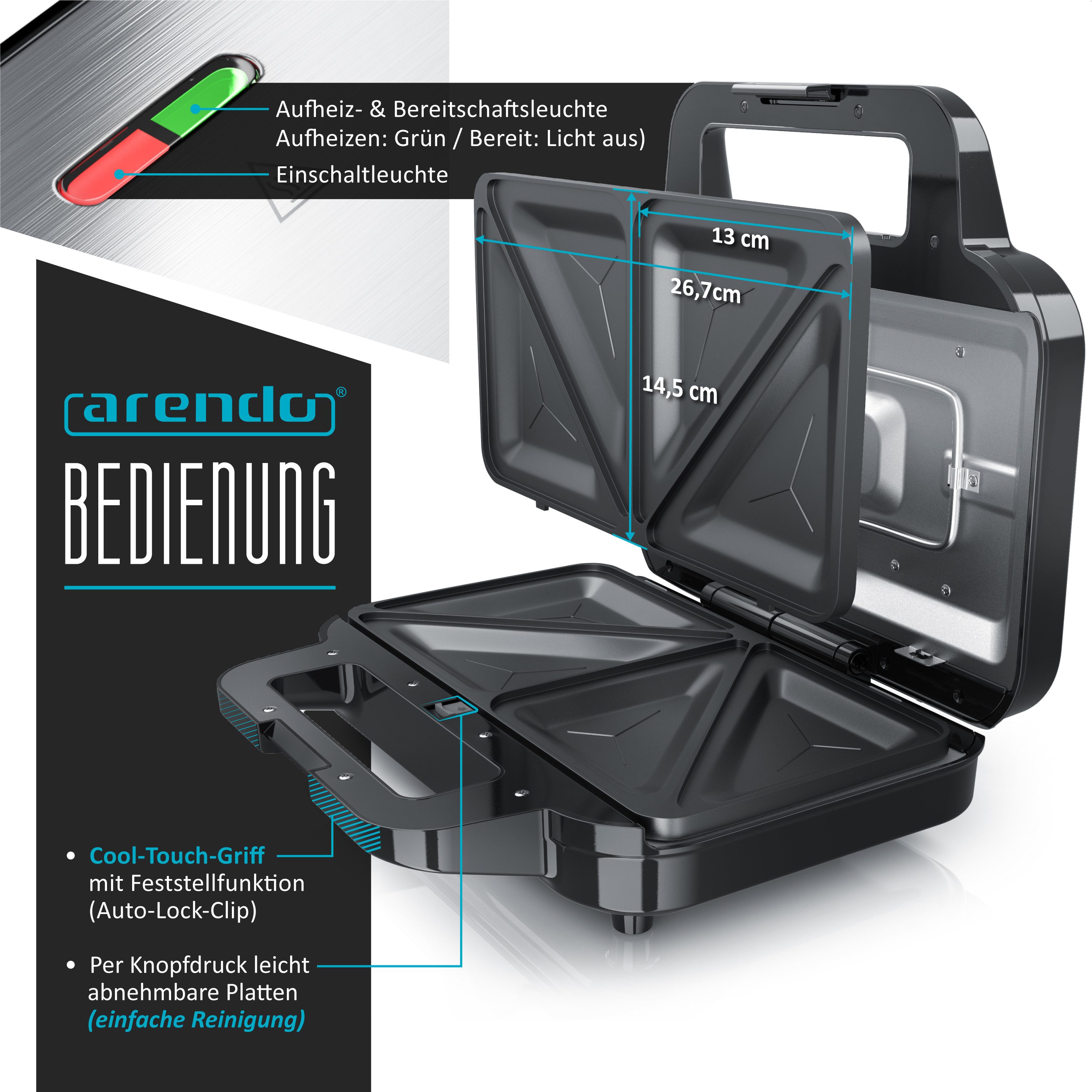 Arendo Sandwichmaker Sandwich Maker, Temperaturkontrolle, Cool Touch Griffe, Anti-Rutsch-, 900 W, Füße, Antihaftbeschichtung, Kabelaufwicklung, BPA-frei