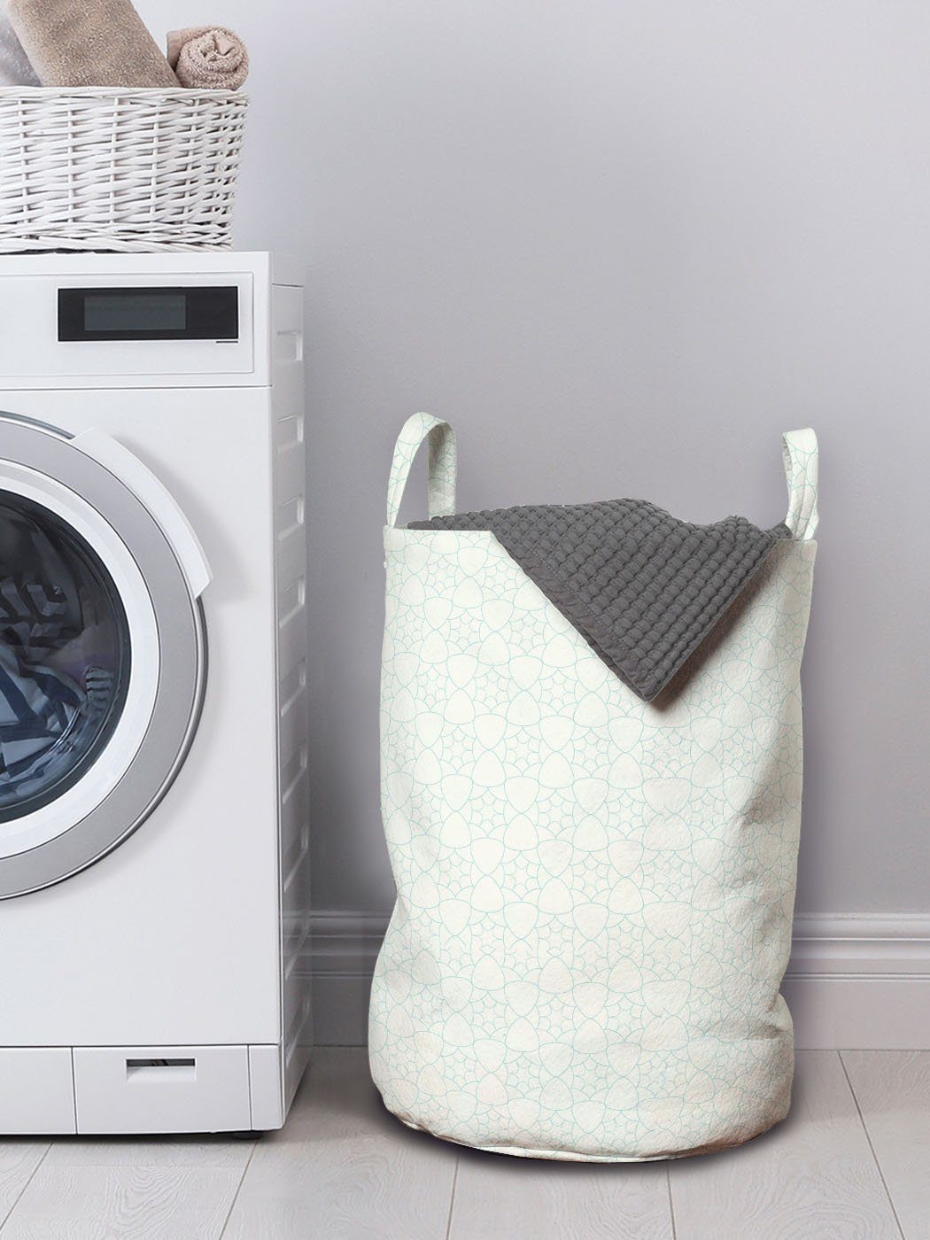 Abakuhaus Wäschesäckchen Wäschekorb mit Kordelzugverschluss und für Waschsalons, monochrome Griffen Sterne Elfenbein Blau