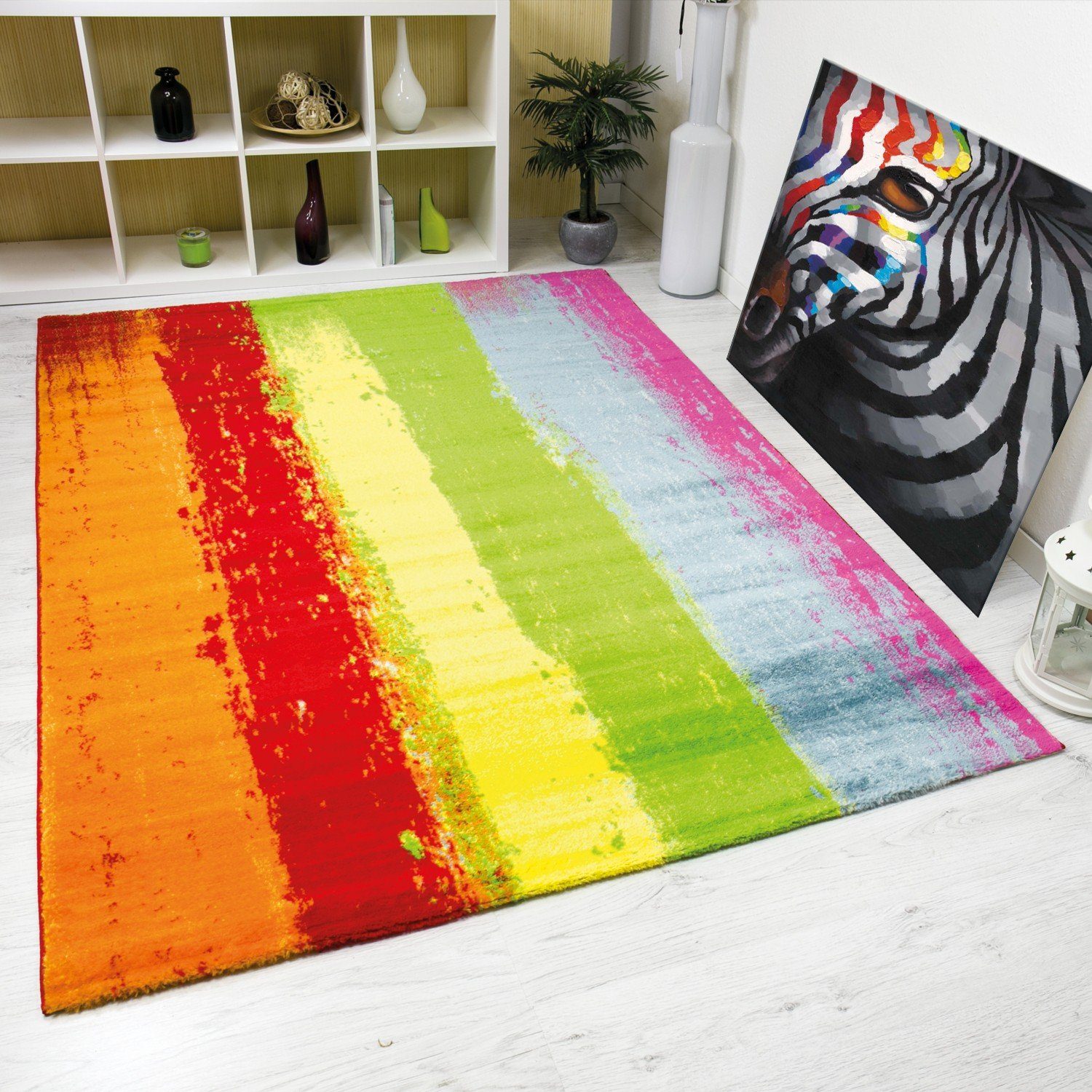 Vimoda Teppich Teppich Modern Design Kurzflor Multicolor Gestreift in Rot G günstig online kaufen