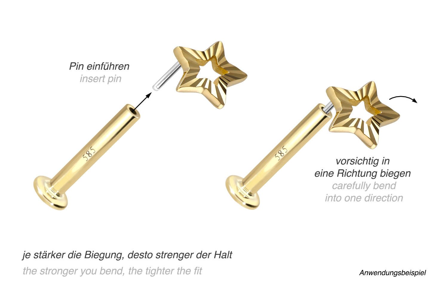 PIERCINGLINE Piercing-Set 14 Karat Gold Labret mit Push Fit STERN (Labrets, 1-tlg)
