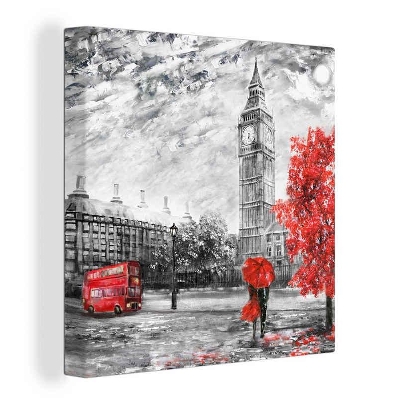 OneMillionCanvasses® Gemälde Gemälde - Big Ben - Rot - Regenschirm, (1 St), Leinwand Bilder für Wohnzimmer Schlafzimmer