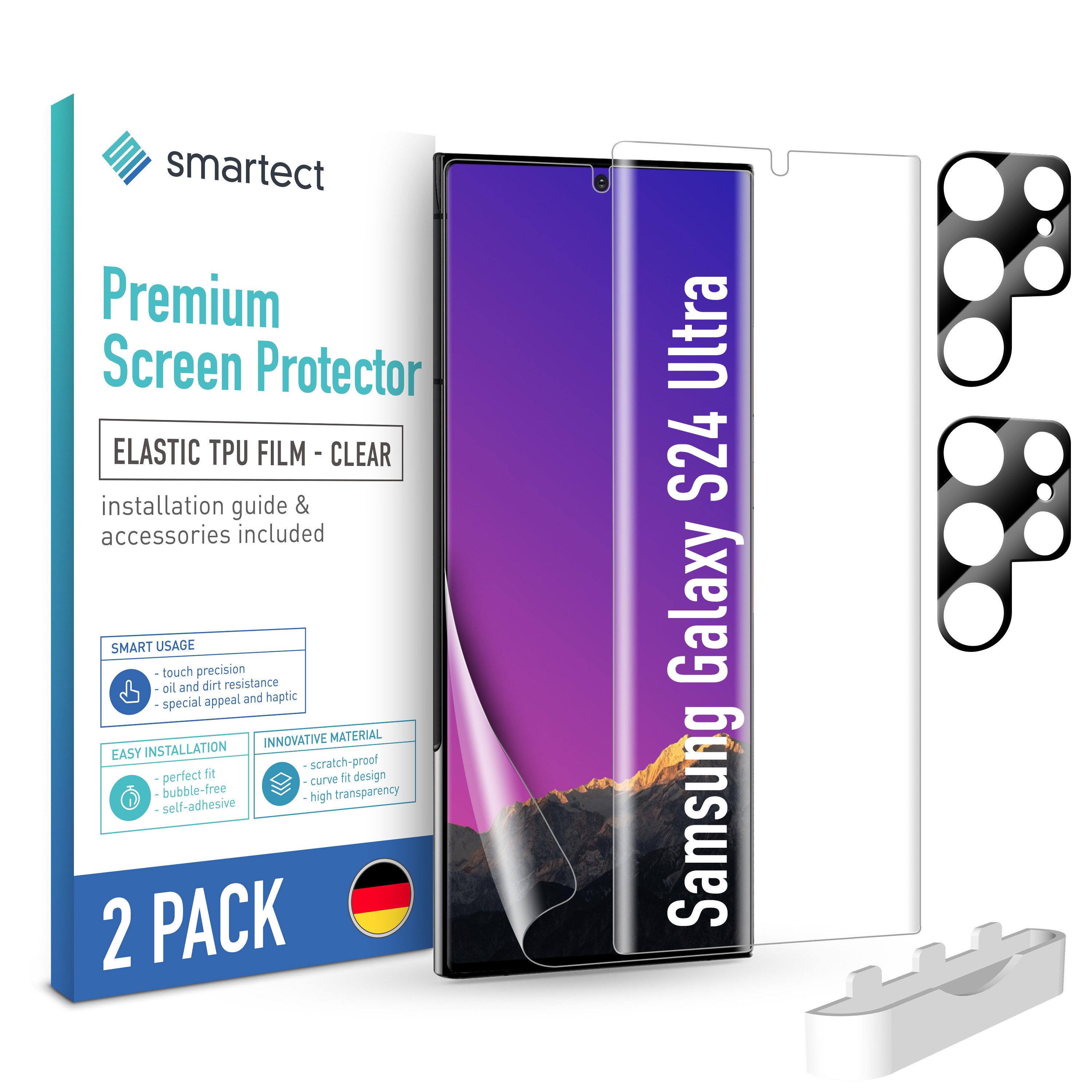 smartect Displayschutzfolie TPU Schutzfolie Klar für Samsung Galaxy S24 Ultra, Set, 2 Stück, (Display + Kamera) Panzerfolie Displayfolie