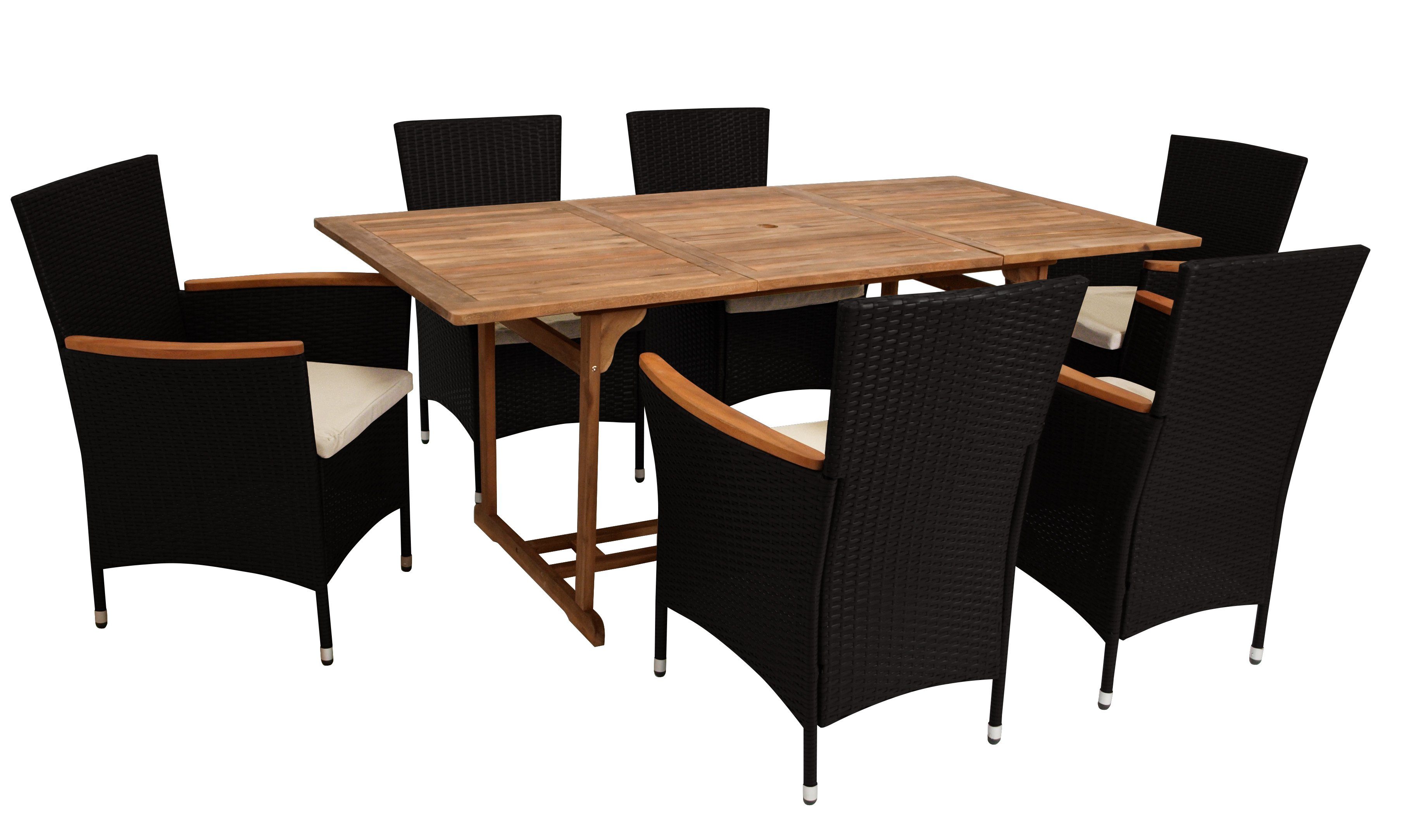 DEGAMO Garten-Essgruppe MONTREUX, (7-tlg), (6x Sessel, 1x Tisch rechteckig  90x180cm), Metall und Polyrattan schwarz, Sessel mit Holzarmlehnen und  Auflagen creme