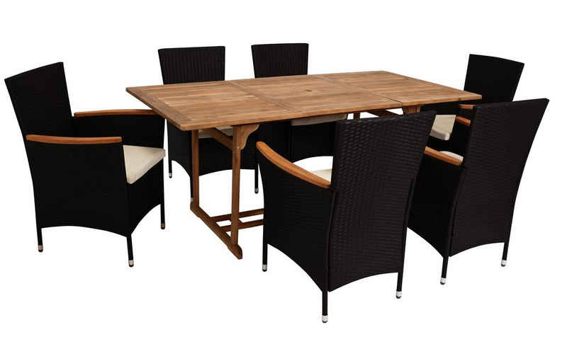 DEGAMO Garten-Essgruppe MONTREUX, (7-tlg), (6x Sessel mit Holzarmlehnen, 1x Tisch), Metall und Polyrattan schwarz