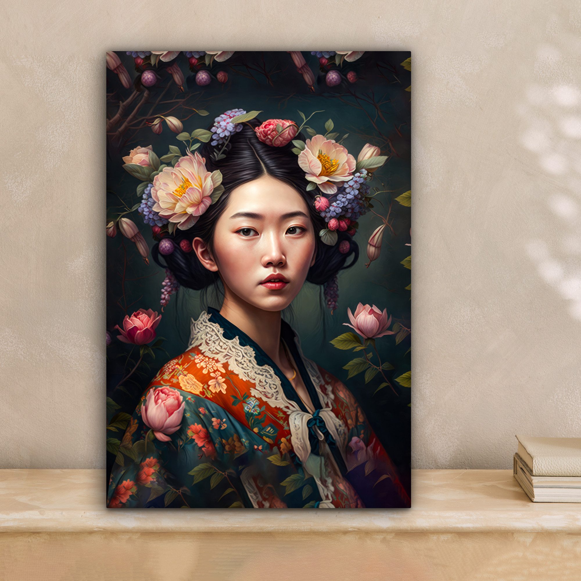 OneMillionCanvasses® Leinwandbild Frau - Blumen - Kimono - Porträt - Asiati günstig online kaufen