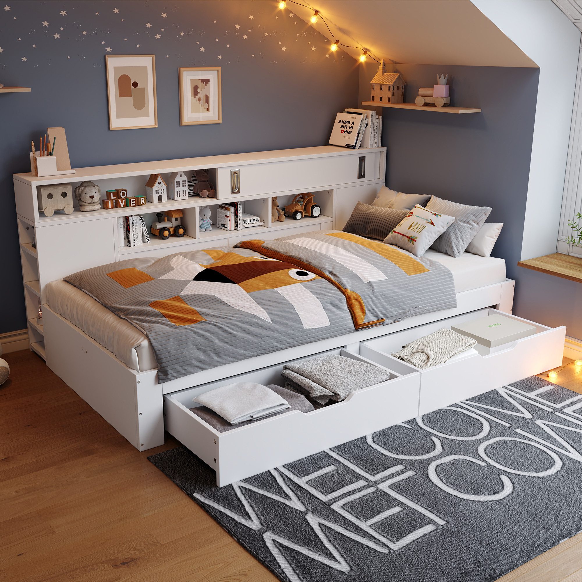 Merax Daybett (Holz Tagesbett Schlafsofa Jugendbett, 1 tlg), Einzelbett Kinderbett 90x200cm mit Schubladen, Bücherregal & Stauraum