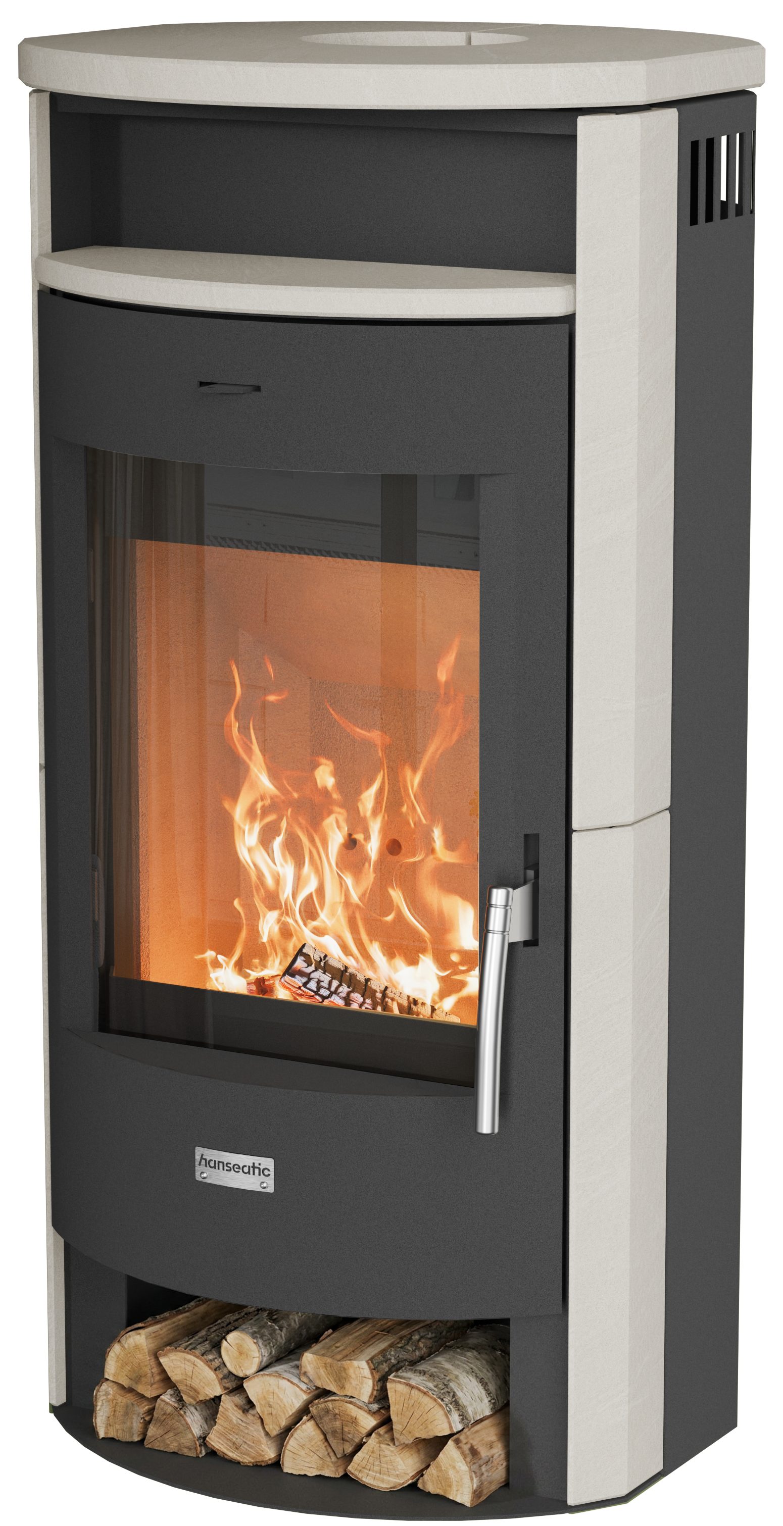 Hanseatic Kaminofen MAIA Naturstein Limestone, Lieferung bis ins Wohnzimmer, 6,2 kW, Zeitbrand, NEU und Exklusiv, toller Kontrast zwischen Stein und Stahl