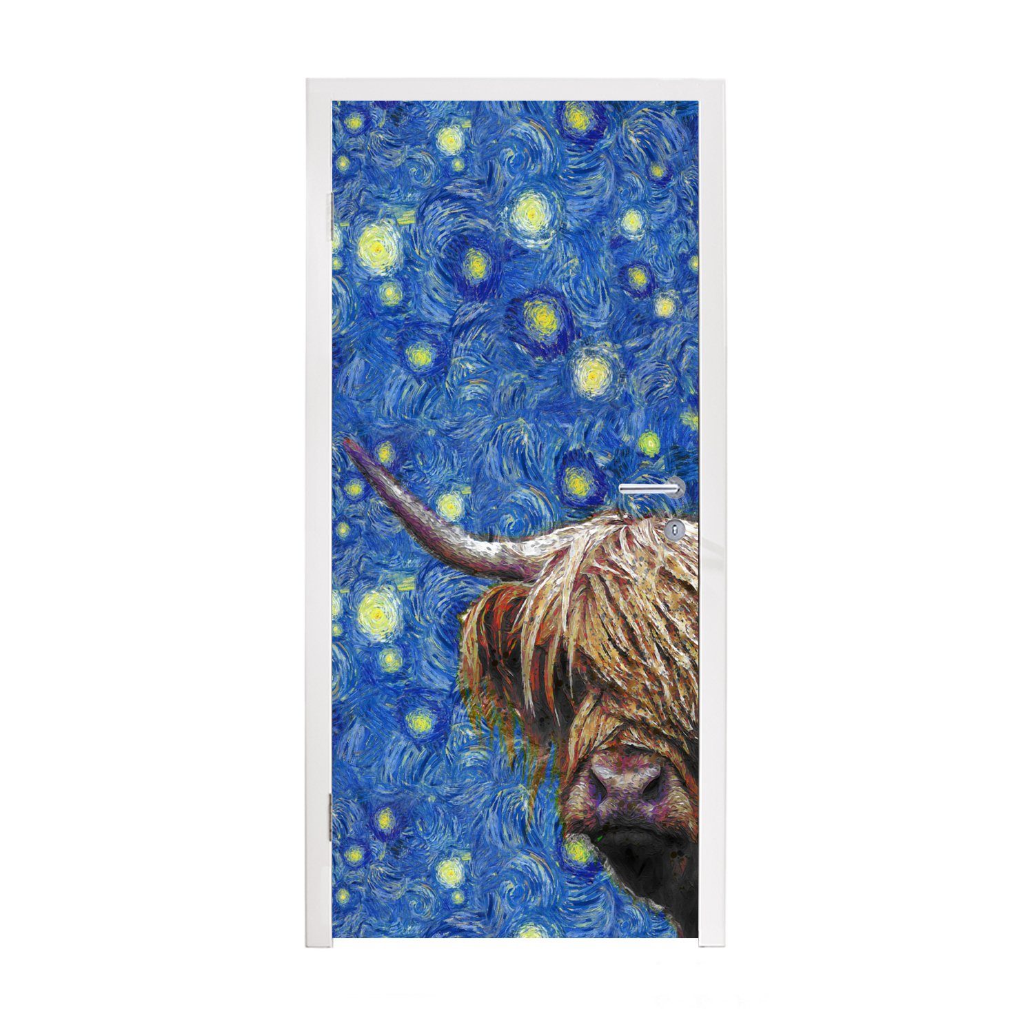 MuchoWow Türtapete Sternennacht - Van Gogh - Schottischer Highlander, Matt, bedruckt, (1 St), Fototapete für Tür, Türaufkleber, 75x205 cm