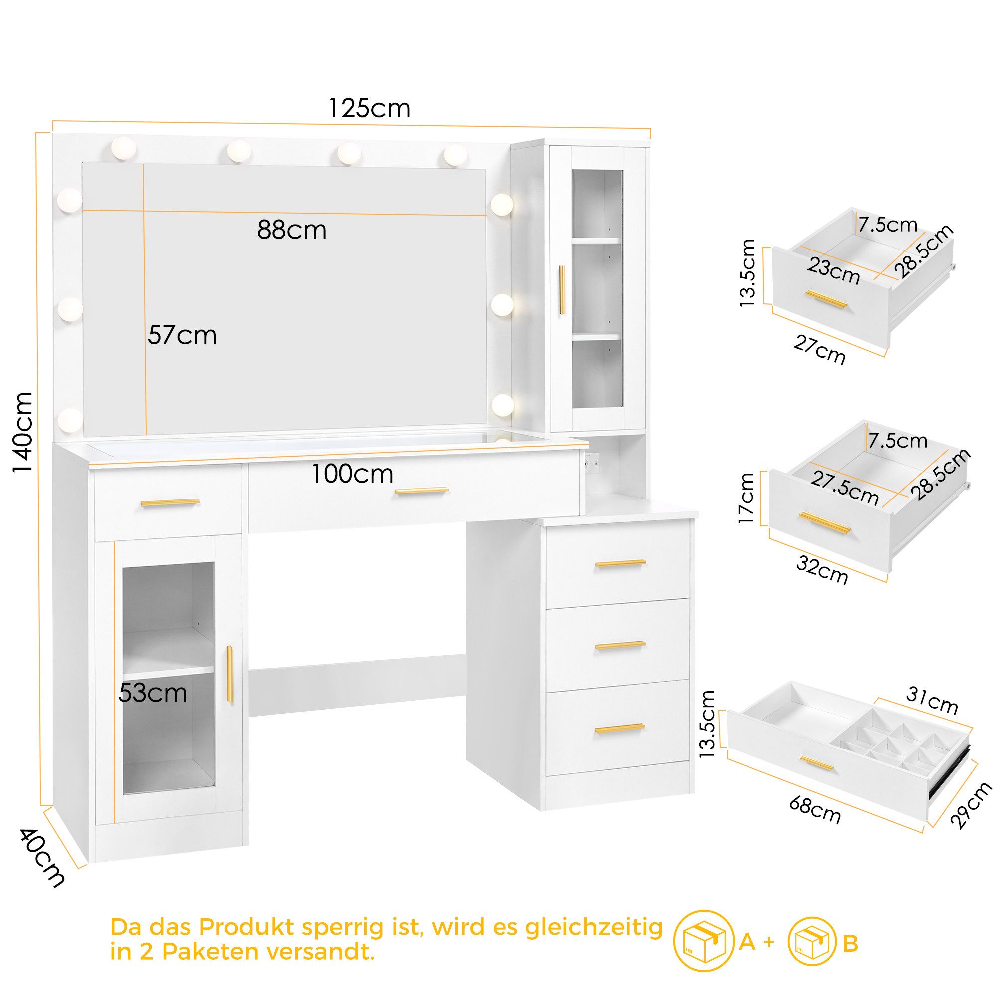 BEWISHOME Schminktisch mit Glasplatte, 3-Modi LED-Spiegel & integrierte Lad günstig online kaufen