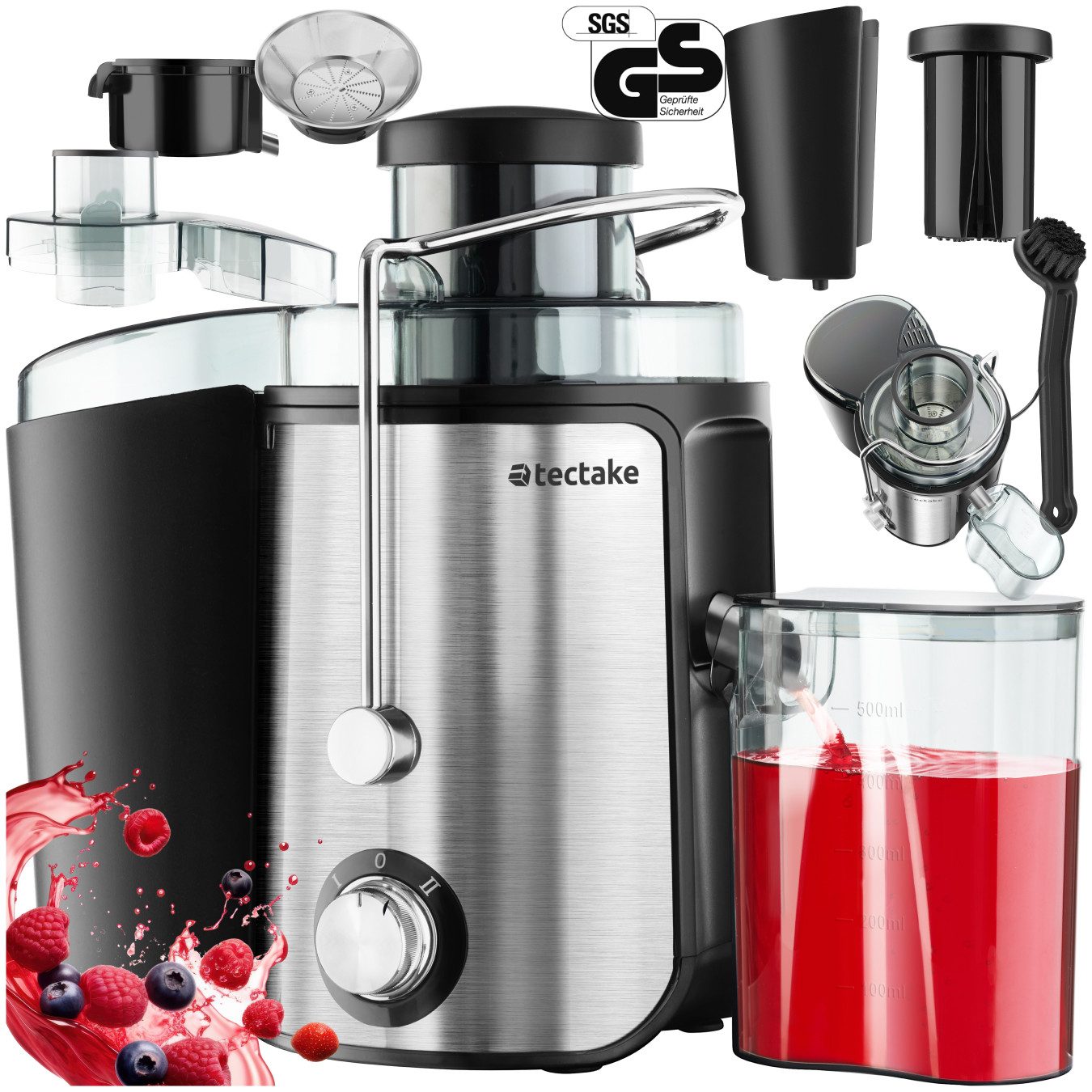 tectake Entsafter Saftpresse, 18 x 26 x 28,5, GS-Zertifikat, rutschfeste Gummifüße, 600 W, 600 W, 2 Geschwindigkeitsstufen, Edelstahlgehäuse, Reinigungsbürste