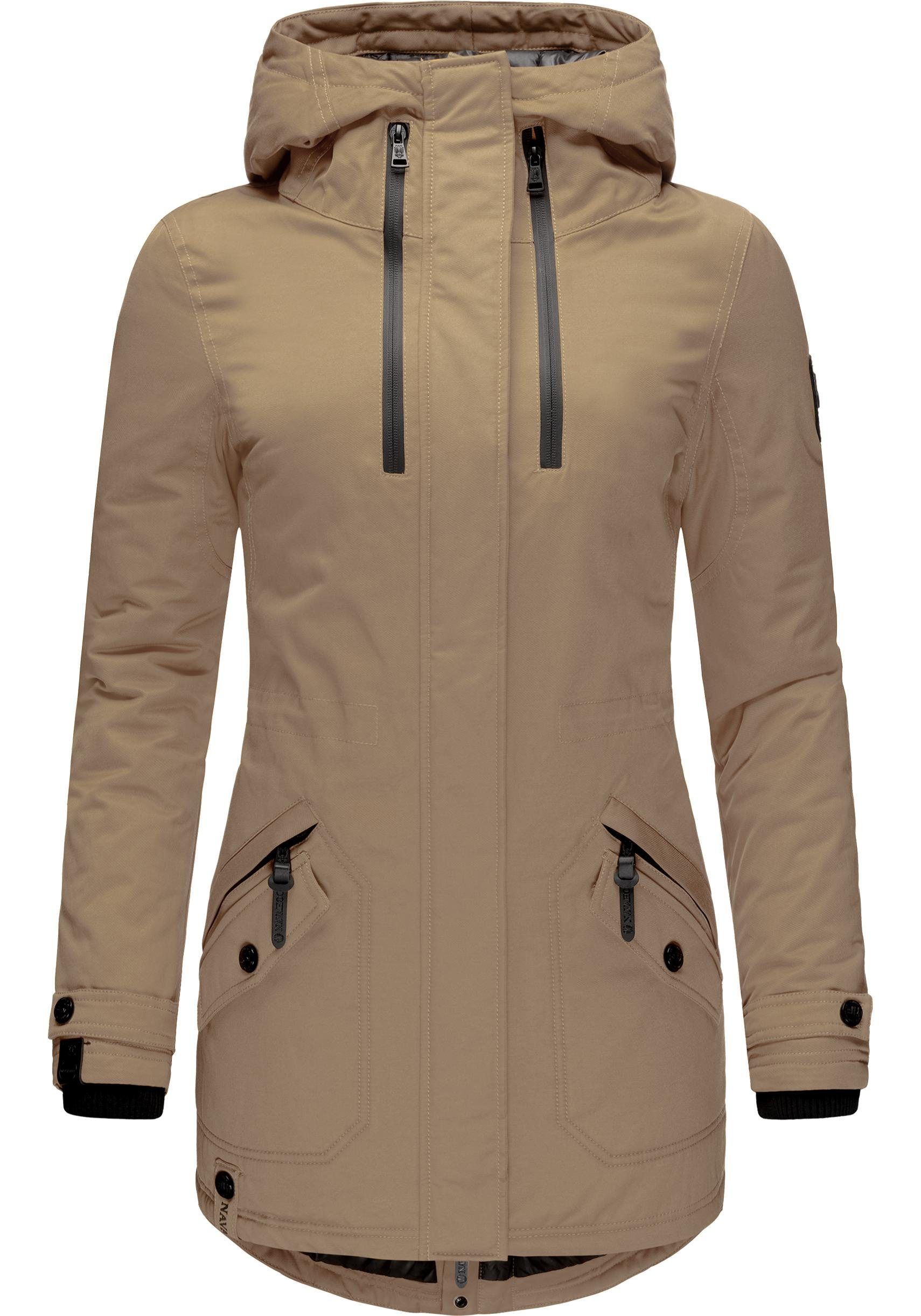 Navahoo Wintermantel Avrille II sportlicher Damen Winter Kurzmantel mit großer Kapuze taupe