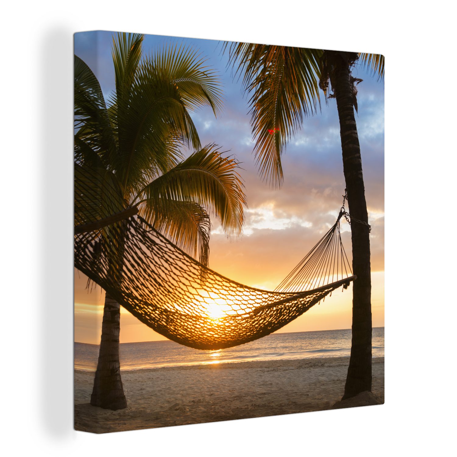 OneMillionCanvasses® Leinwandbild Sonnenuntergang - Hängematte - Palme, (1 St), Leinwand Bilder für Wohnzimmer Schlafzimmer
