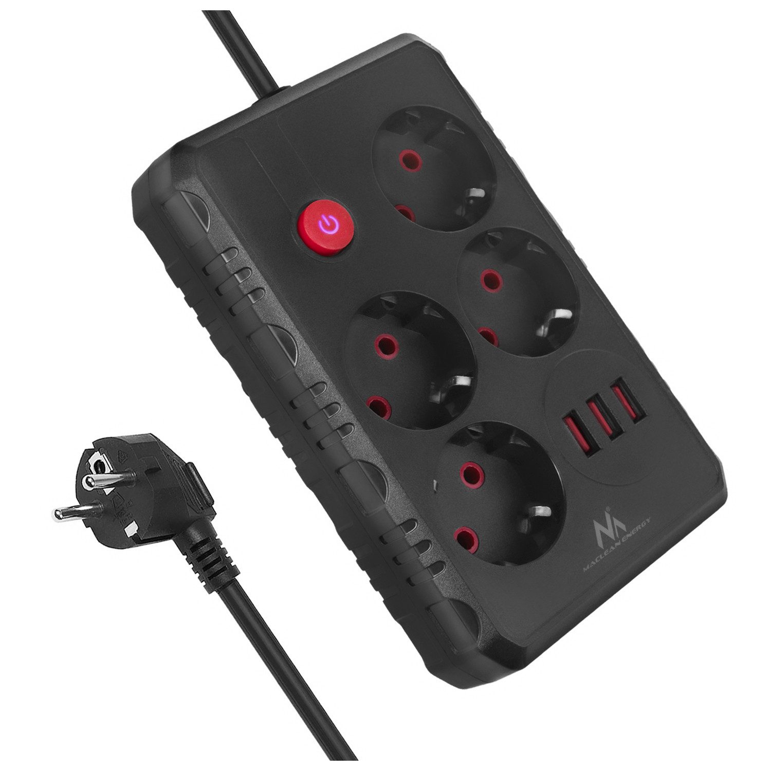 Maclean 4 Steckdosen 2500W 3xUSB Mehrfachsteckdose 4-fach (Kabellänge 3 m), 110-240V AC 50/60Hz, 2.1A