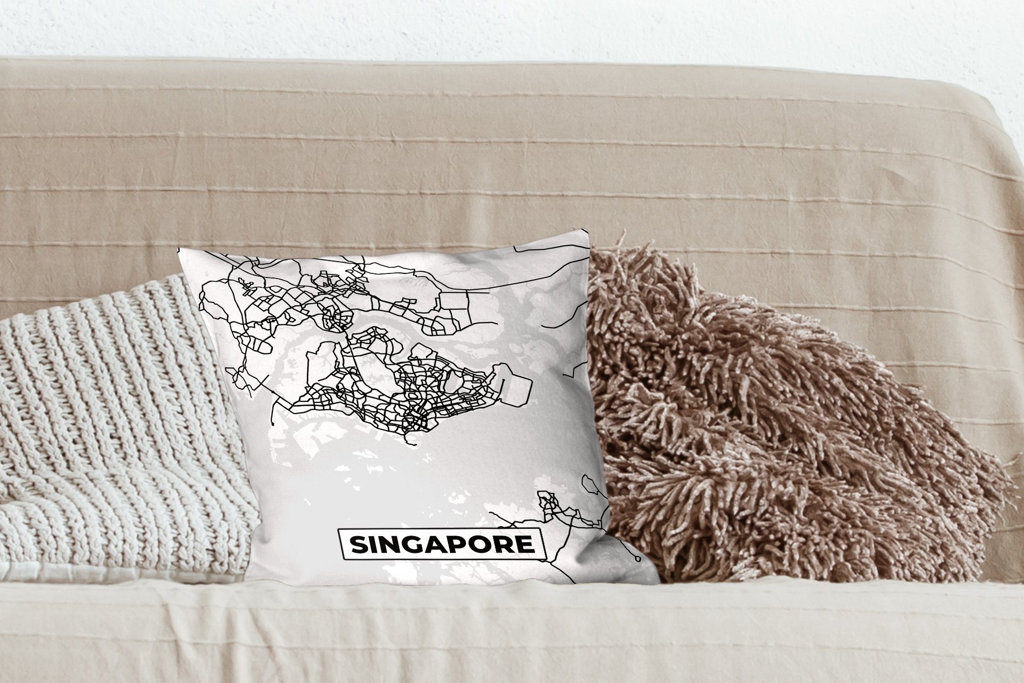 Karte weiß Karte, MuchoWow - Stadtplan Sofakissen - - Zierkissen für Wohzimmer, Füllung Schwarz Singapur - Schlafzimmer, und Dekokissen Deko, mit