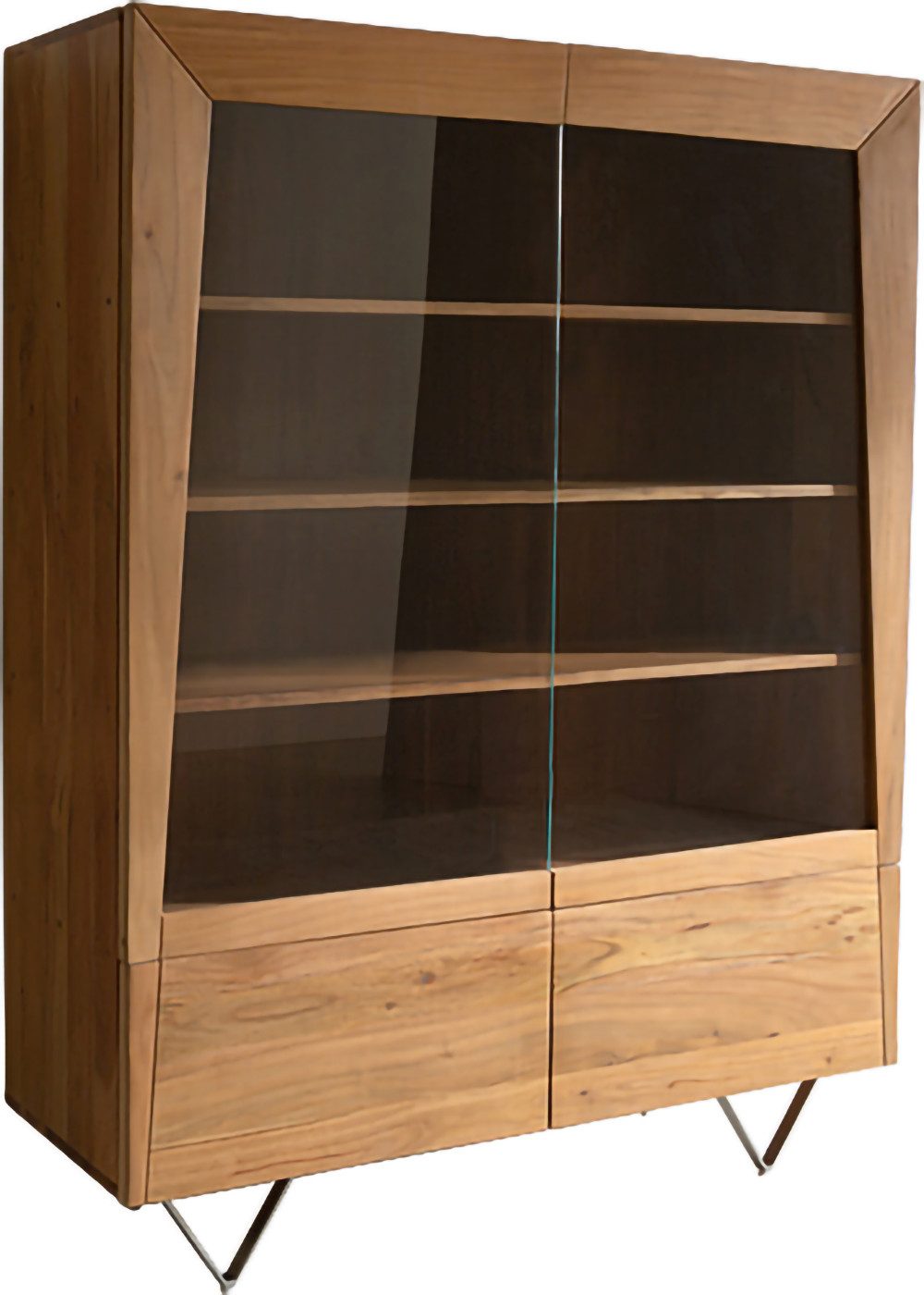DELIFE Vitrine Kayu Akazie Natur 115x150 cm 2 Glastüren V-Fuß Highboard