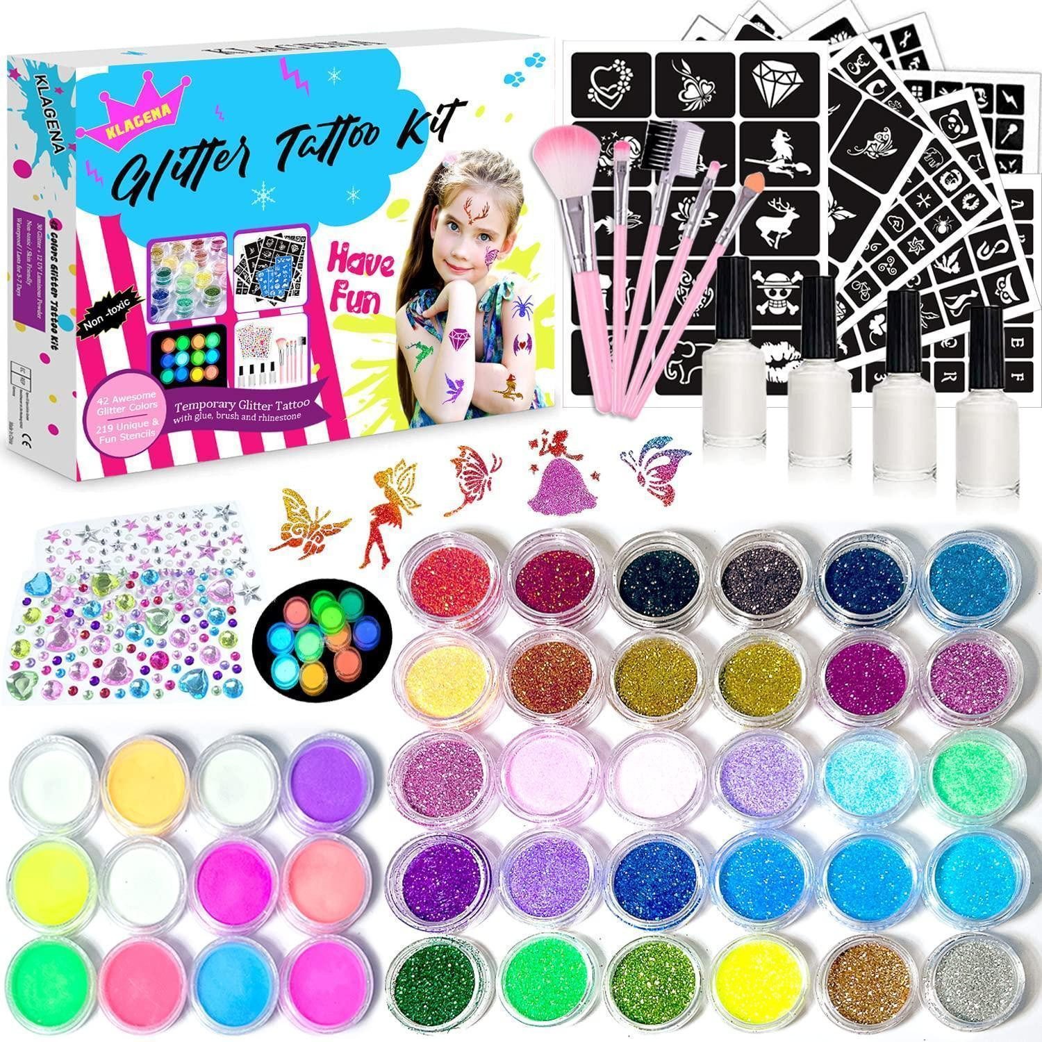 LuxusKollektion Kindertattoo Glitzer Tattoo Set Kinder 42 Farben Schablonen Strass Pinsel Kleber