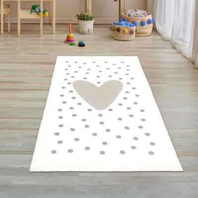 Kinderteppich Kinderteppich Herzen- Punkten weich pflegeleicht in creme, grau, Teppich-Traum, rechteckig, Schmutzabweisend, Pflegeleicht