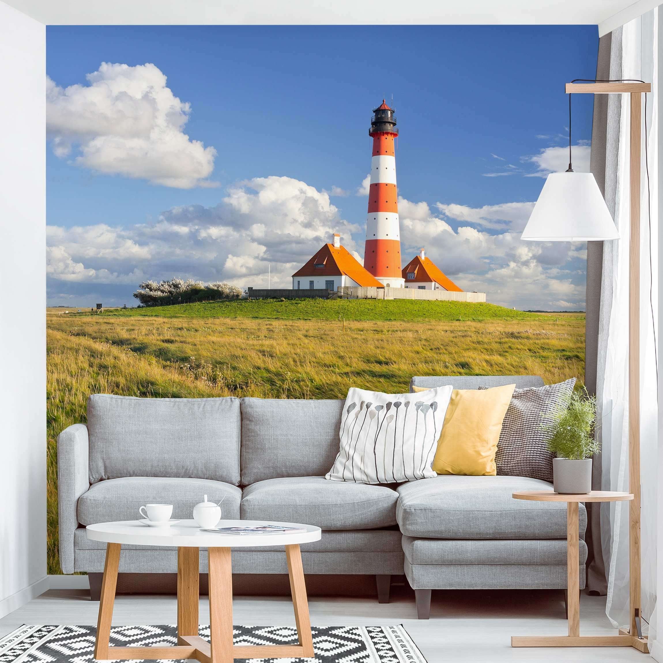Bilderdepot24 Fototapete Leuchttürme Leuchtturm Schleswig-Holstein Meer Strand Natur Landschaft, Glatt, Matt, (Vliestapete inkl. Kleister oder selbstklebend), Wohnzimmer Schlafzimmer Küche Flur Motivtapete Vliestapete Wandtapete