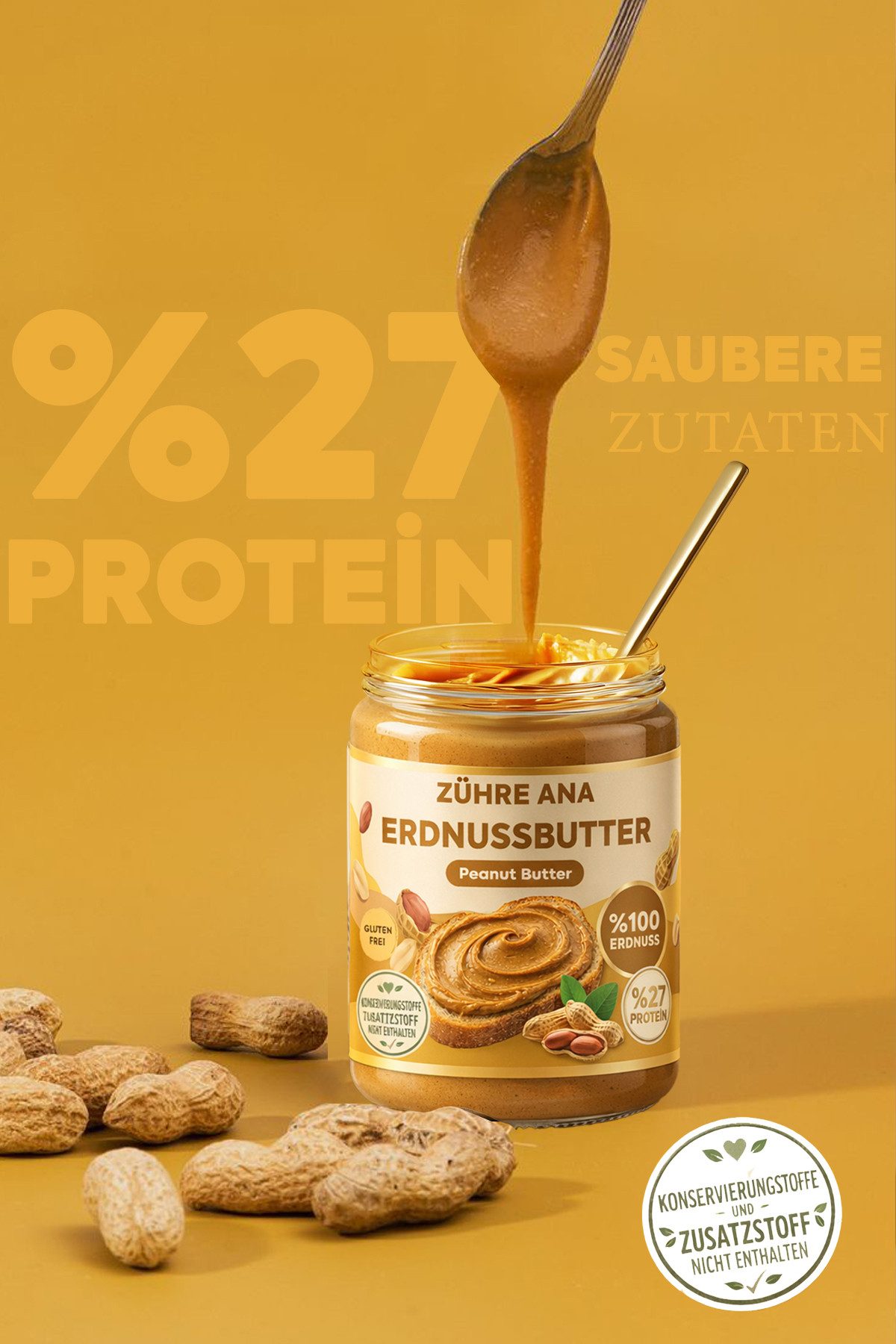 Zühre Ana® Nussaufstrich Erdnussbutter 315 g–100 % natürlich, ohne Zucker, cremig & vielseitig, 315 g, Natürliche, intensive Konsistenz und Aroma %100 Fıstık