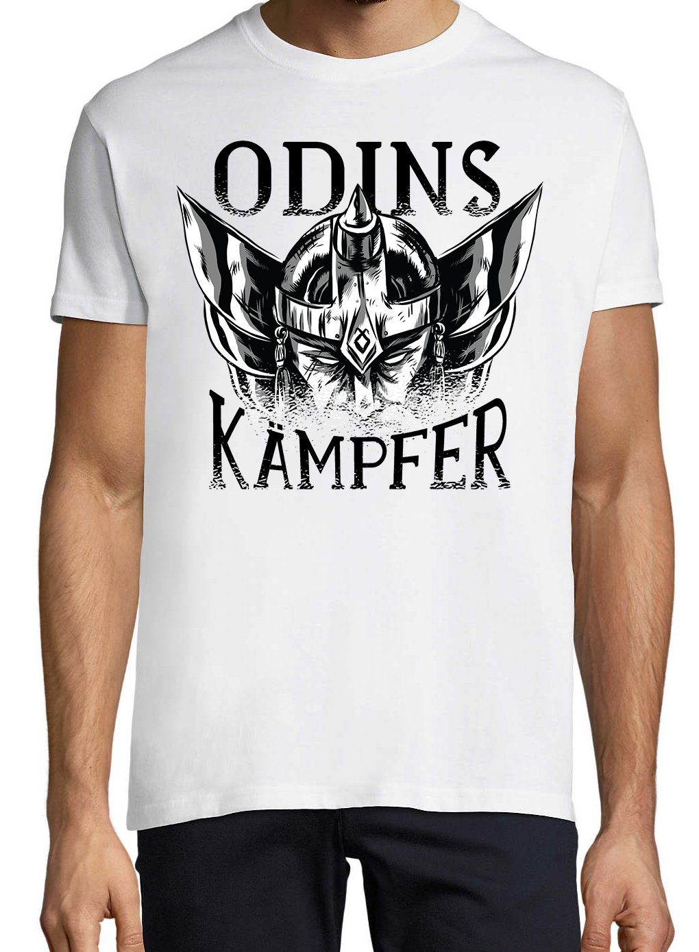 Herren T-Shirt Frontdruck Odins Youth Designz Kämpfer Weiss T-Shirt mit Trendigem