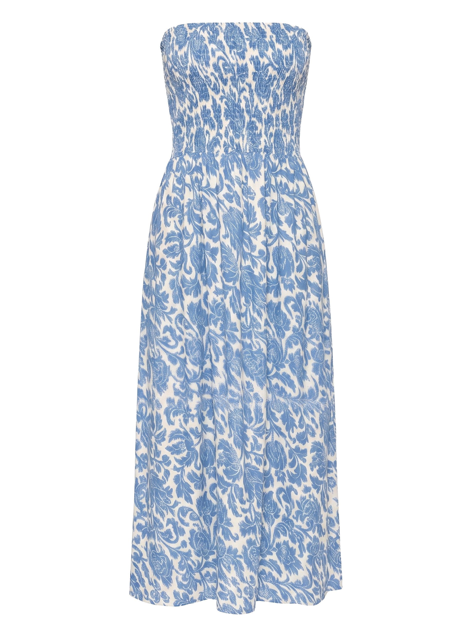 SASSYCLASSY Bandeaukleid Gesmoktes Bandeau-Kleid mit Print Damen trägerloses Midikleid mit gerafftem Bustier jeansblau