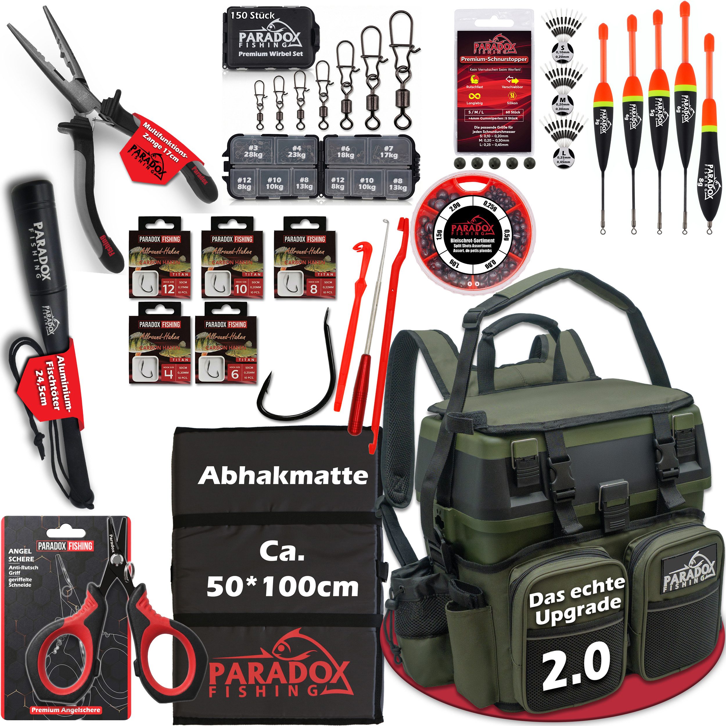 Paradox Fishing Angelrucksack 3-in-1 Multifunktions-Sitzkiepe mit 4 Boxen im Deckel (9-tlg), Zangenhalterung