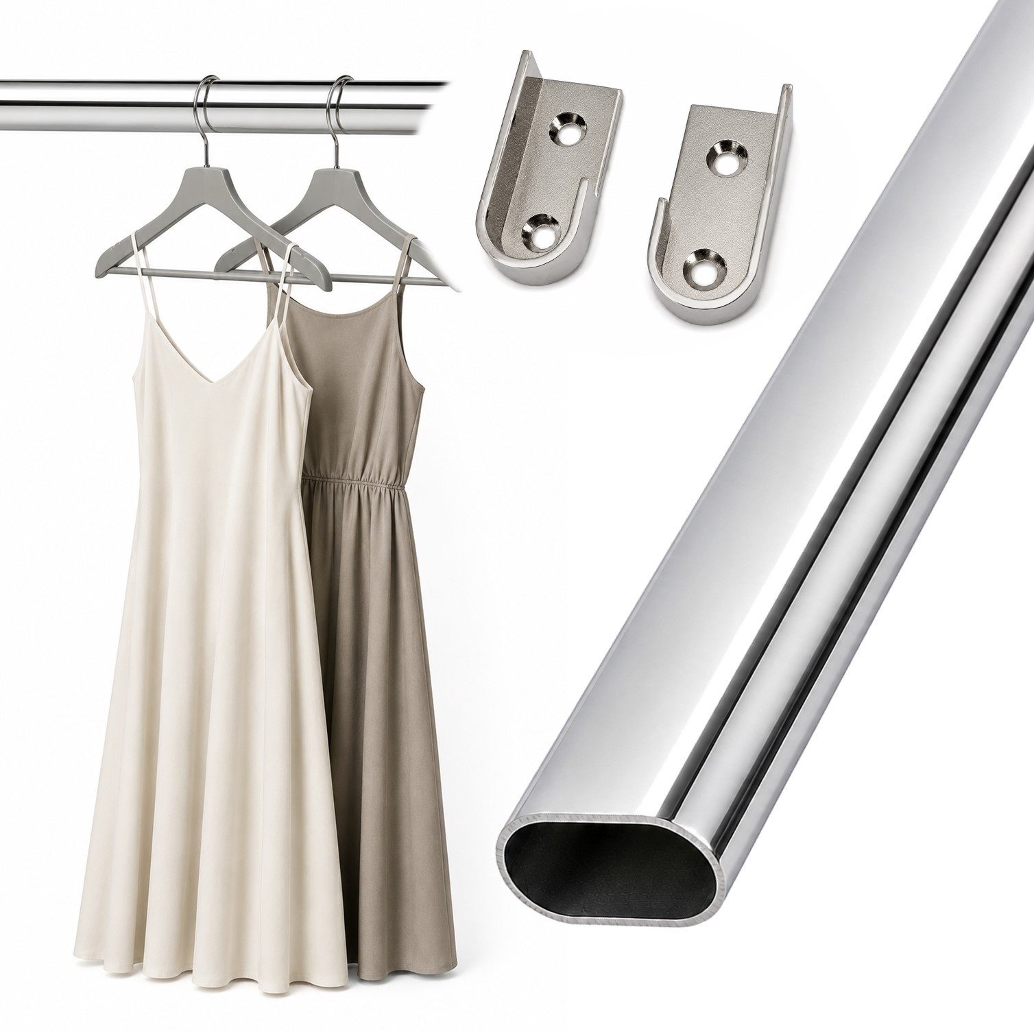 HOOZ Kleiderstange Schrankrohr Oval 50 - 120 cm Stahl inkl. Halter Silber 1er Set (Einzelartikel, 1 St., 1 x Garderobenstange), Individuell kürzbar, geschliffene Rohrkanten, stabile Metallhalter