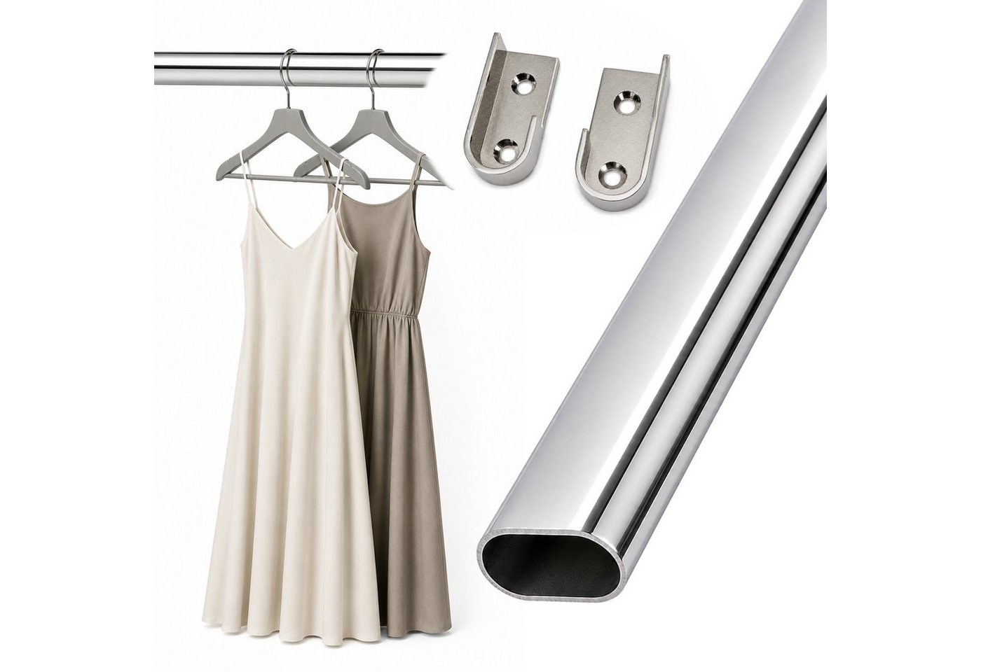 HOOZ Kleiderstange Schrankrohr Oval 50 - 120 cm Stahl inkl. Halter Silber 1er Set (Einzelartikel, 1 St., 1 x Garderobenstange), Individuell kürzbar, geschliffene Rohrkanten, stabile Metallhalter