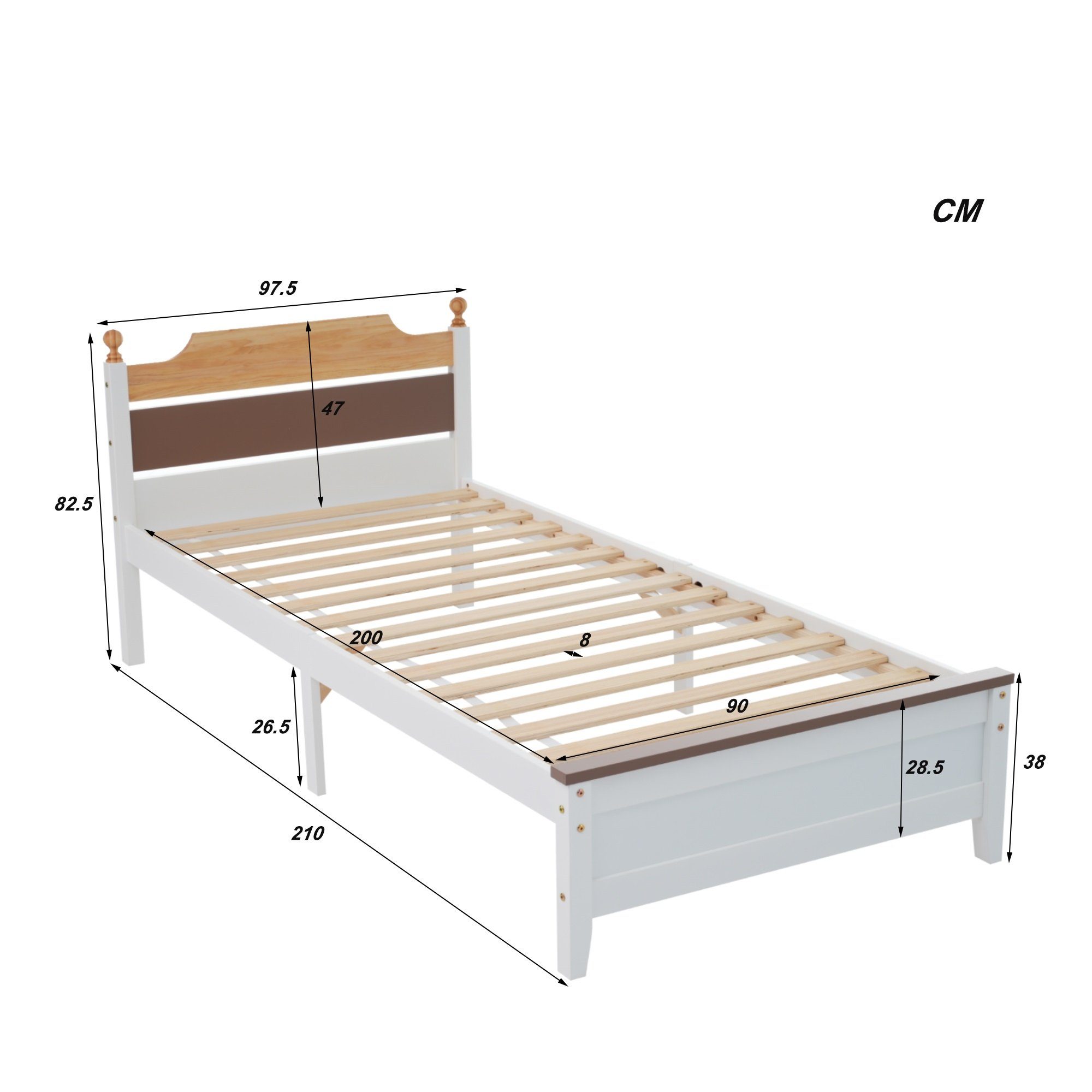 Kopf- 90x200 ohne cm), Kiefernholzrahmen (mit MDF, Matratze Holzbett WISHDOR und aus Jugendbett, Fußteil Farbblockierung, Gästebett Erwachsenenbett, Einzelbett, mit Mittelfuß