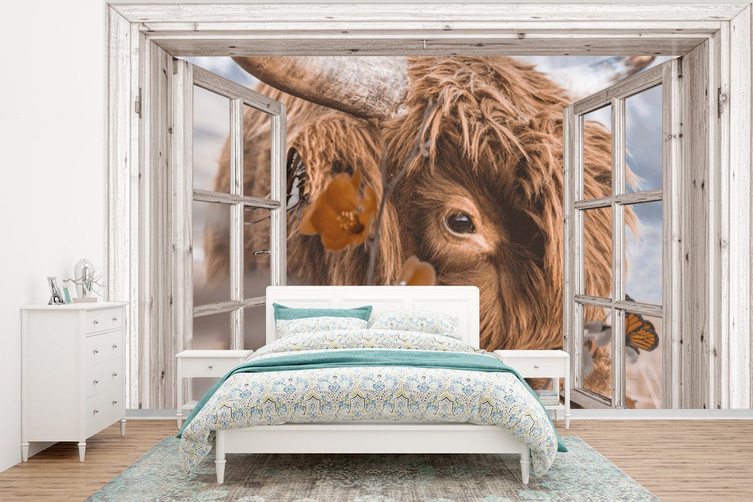 MuchoWow Fototapete Scottish Highlander - Ansicht - Schmetterling, Matt, bedruckt, (6 St), Wallpaper für Wohnzimmer, Schlafzimmer, Kinderzimmer, Vinyl Tapete