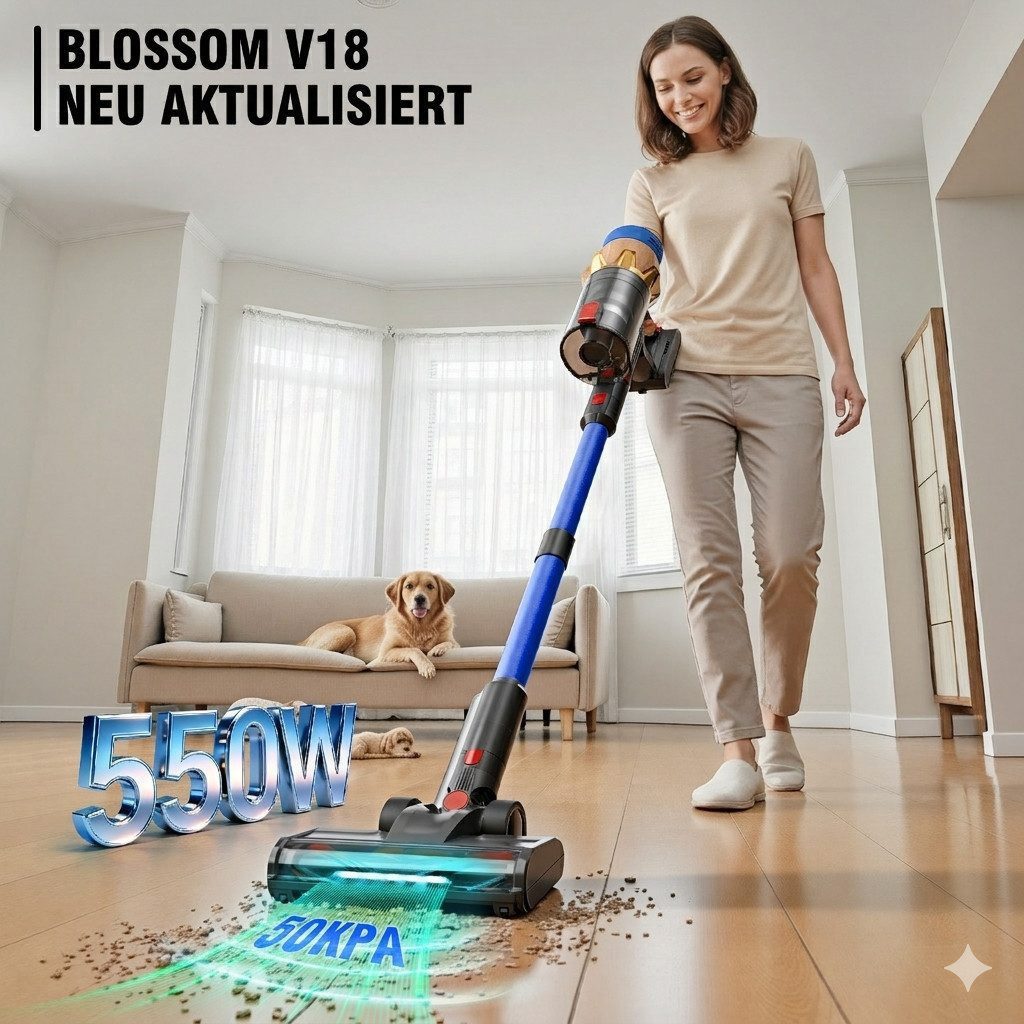 Blossom Stielstaubsauger Akku-Hand-und Stielstaubsauger V18 50kpa 550W, beutellos, Staubsauger kabellos, akkustaubsauger mit Display, 60 min, Blau
