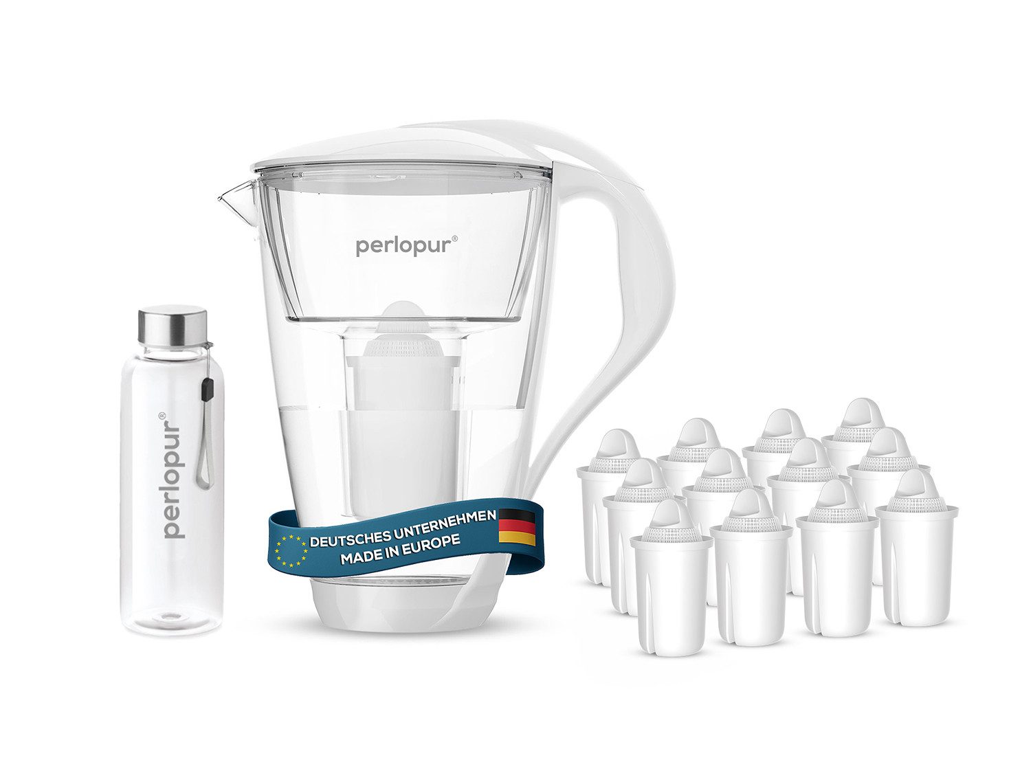 PerloPur Wasserfilter Glas Wasserfilter weiß inkl. 12 Universal Kartuschen plus Glasflasche