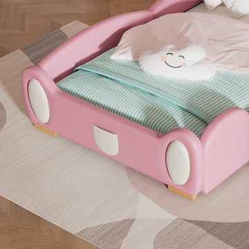 OKWISH Kinderbett Polsterbett Gästebett Hausbett Bett (Crown Cartoon Bett mit mehrfarbigem Multi-Mode-LED-Streifen, mit schützenden weichen Kanten,mit Holzlatten), mit kleiner Rutsche und Treppe, Ohne Matratze