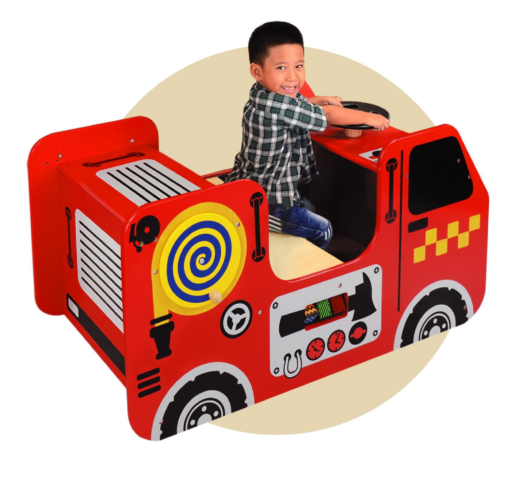 LeNoSa Spielwelt XXL Activity Center • Holz Feuerwehr - Auto • Spielstation  für Kinder • strapazierfähiges Gummiholz