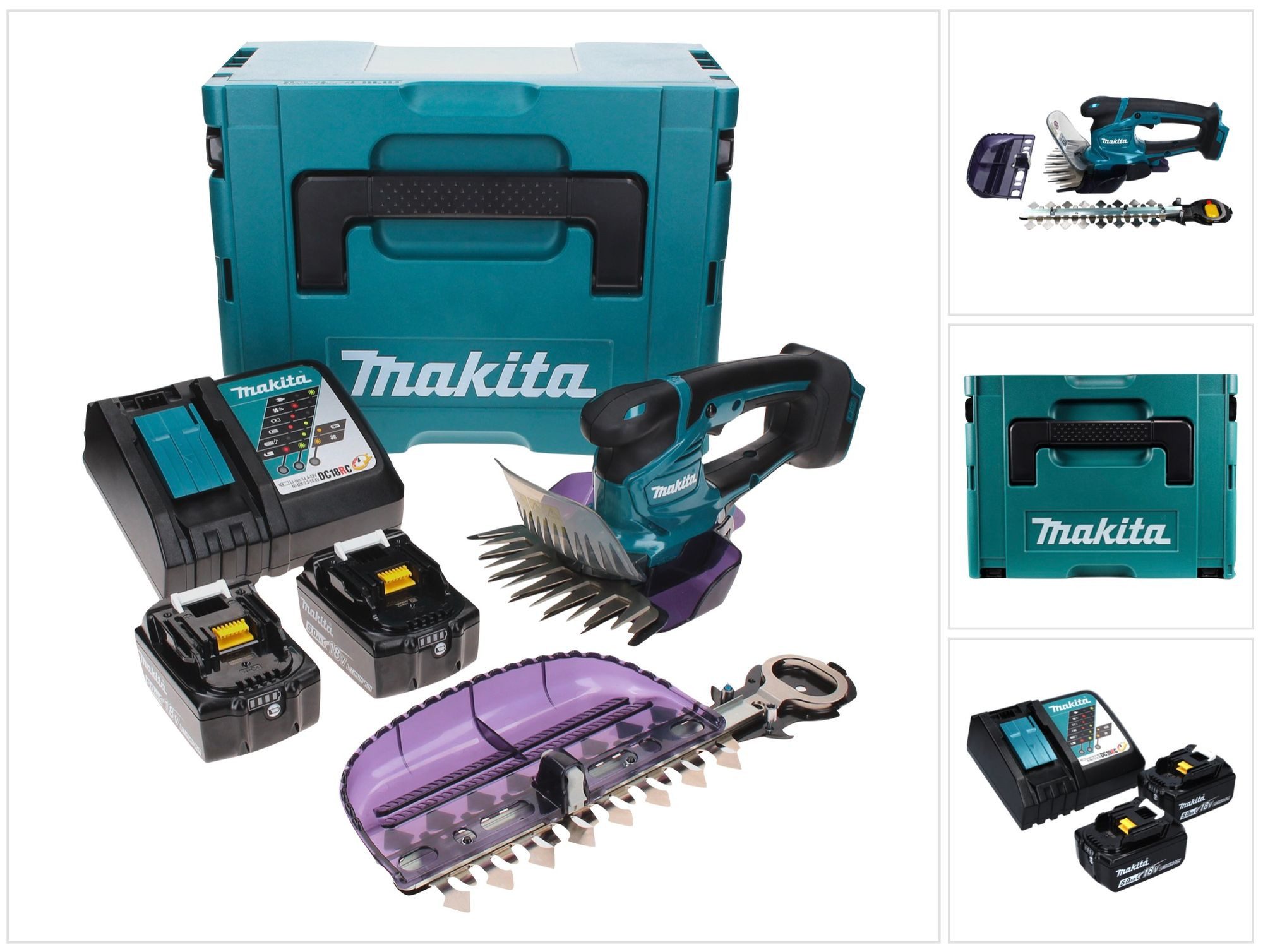Makita Akku-Grasschere DUM 604 RTXJ 18 V mit Gras- und Strauchscherblatt + 2x Akku 5,0 Ah