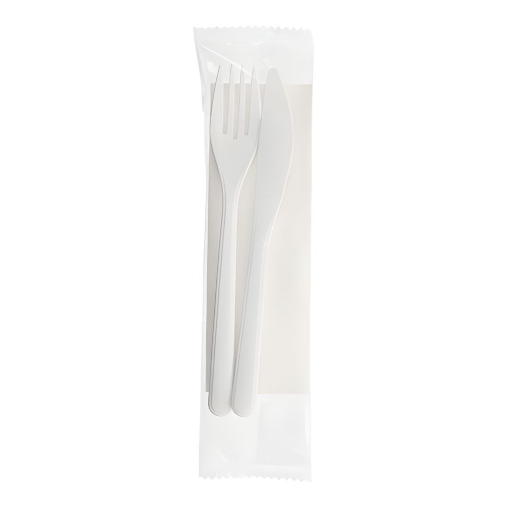PAPSTAR Tafelmesser 500 x Mehrweg PP-MF 22 cm weiss Messer Gabel Serviette Folienbeutel