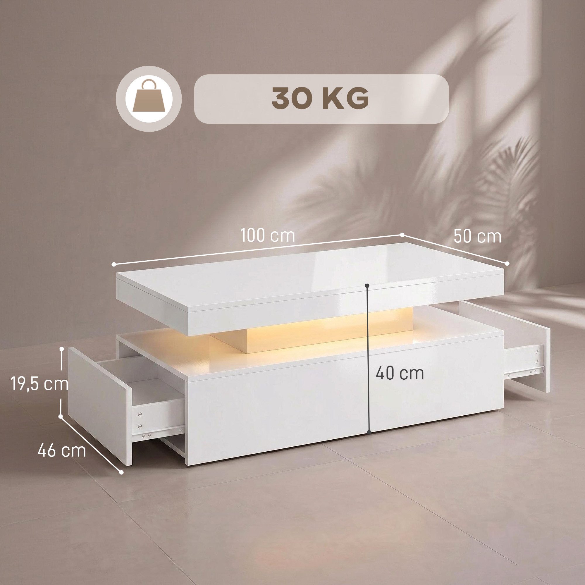 HOMCOM Couchtisch Wohnzimmertisch mit Dimmbar RGB LED-Lichtleiste, APP-Steuerung (Set, 1-St., Sofatisch), für Schlafzimmer 100 x 50 x 40cm, Weiß